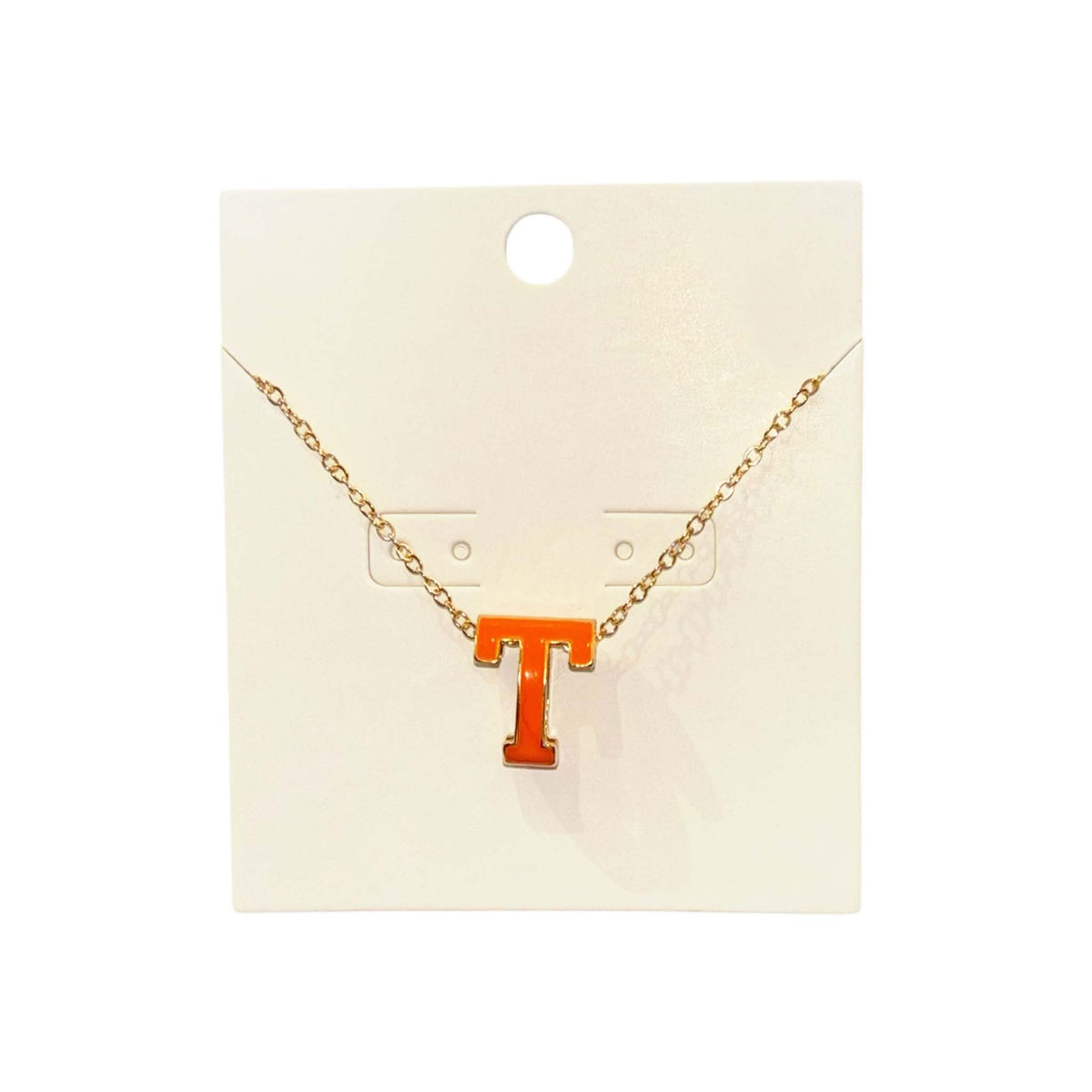 gold chain necklace featuring a bold orange "Power T" pendant. 
