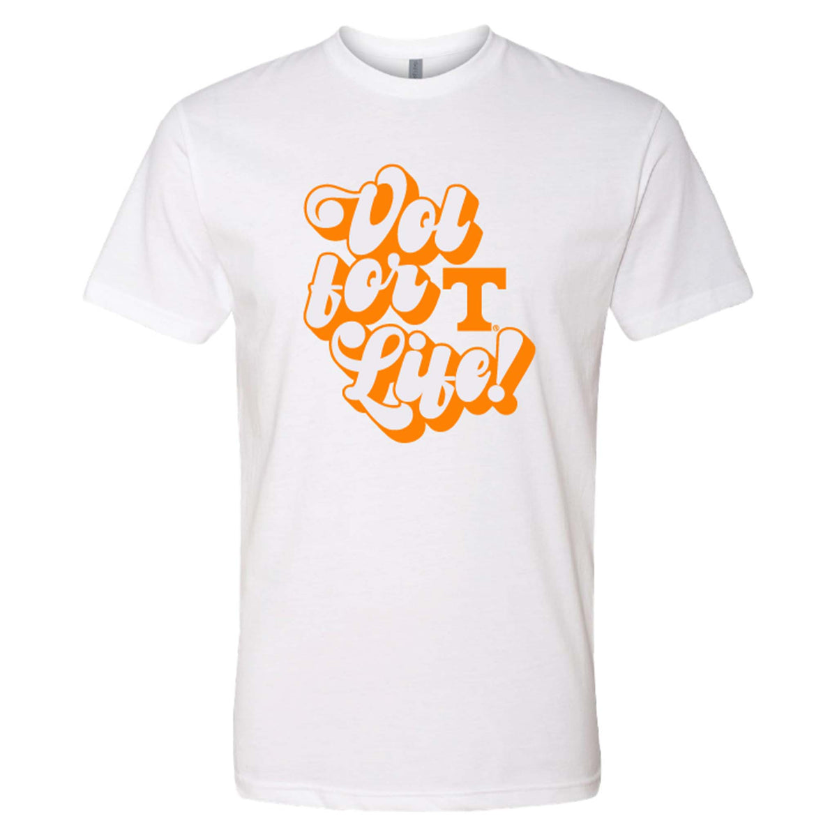 White Tennessee Vols t-shirt with bold orange retro script reading "Vol for Life!" across the chest.