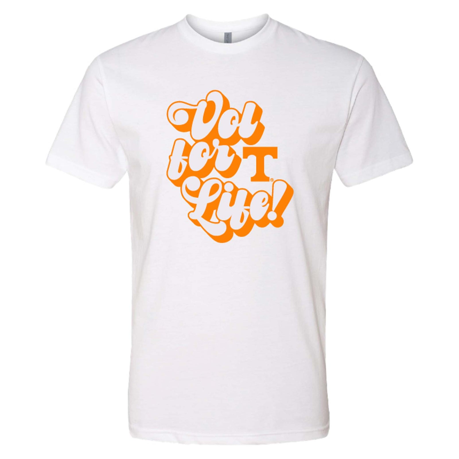 White Tennessee Vols t-shirt with bold orange retro script reading "Vol for Life!" across the chest.