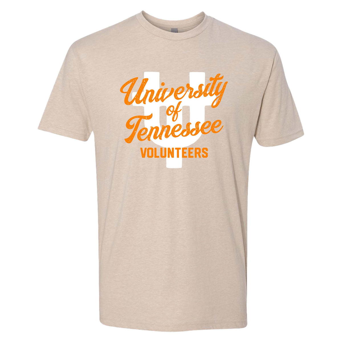 Cream t-shirt with orange “University of Tennessee Volunteers” script over a large white “T” graphic on the front.