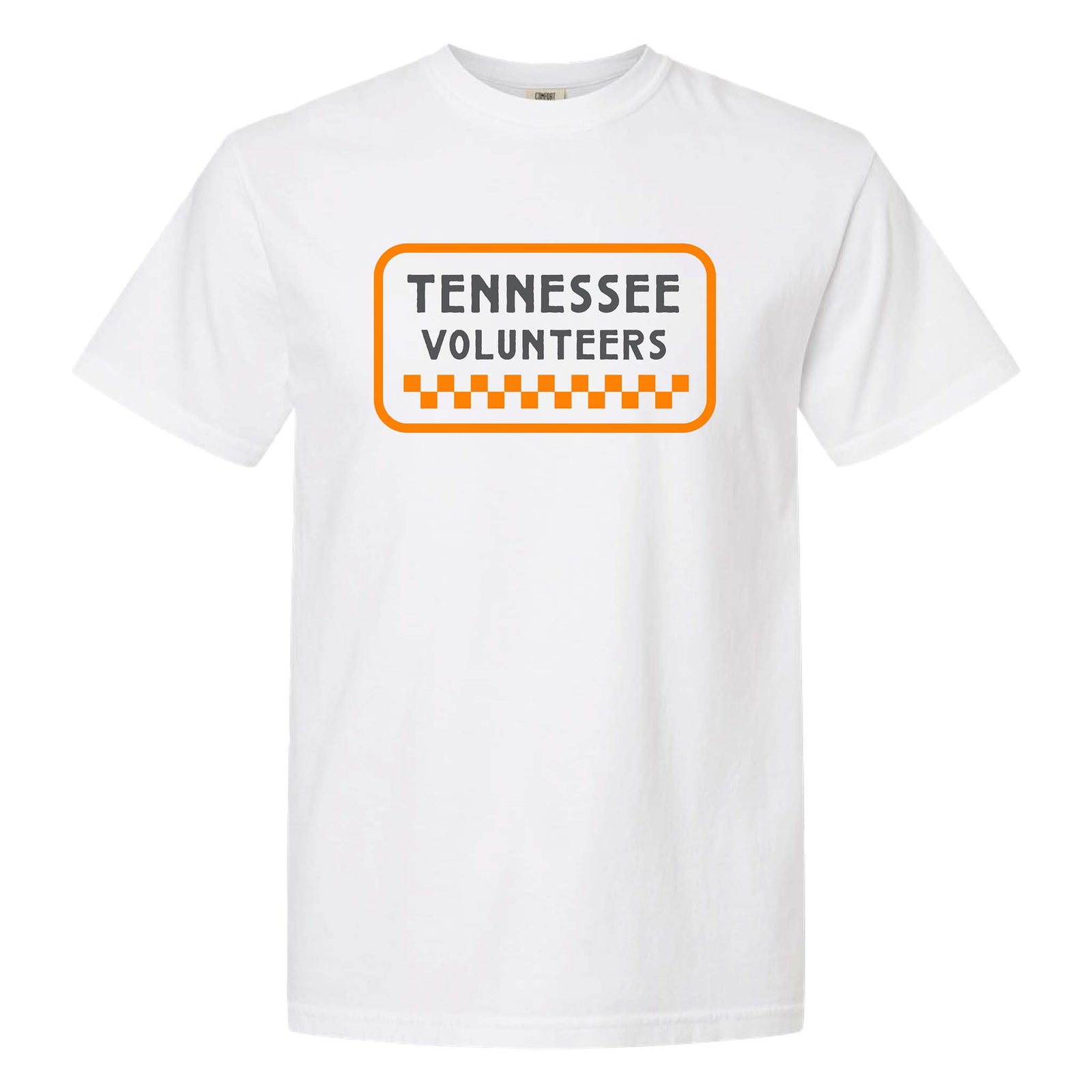 White t-shirt with orange and gray “Tennessee Volunteers” text inside a license plate-style border with orange checkerboard detail.
