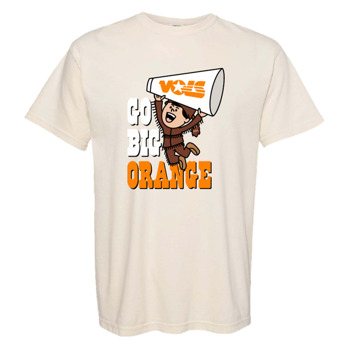 Ivory Tennessee Volunteers t-shirt with “Go Big Orange” text and cartoon graphic holding a megaphone.
