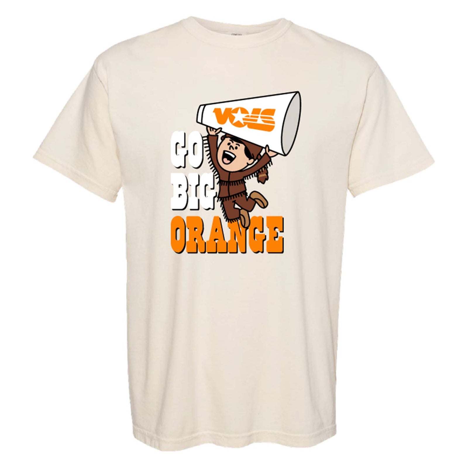 Ivory Tennessee Volunteers t-shirt with “Go Big Orange” text and cartoon graphic holding a megaphone.