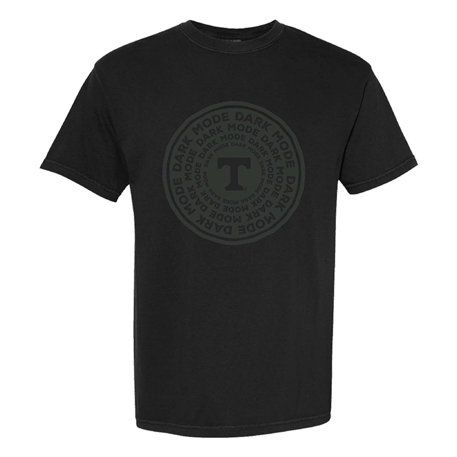 Black t-shirt featuring a tonal black circular “Dark Mode” design with repeated text and a Tennessee “T” in the center.