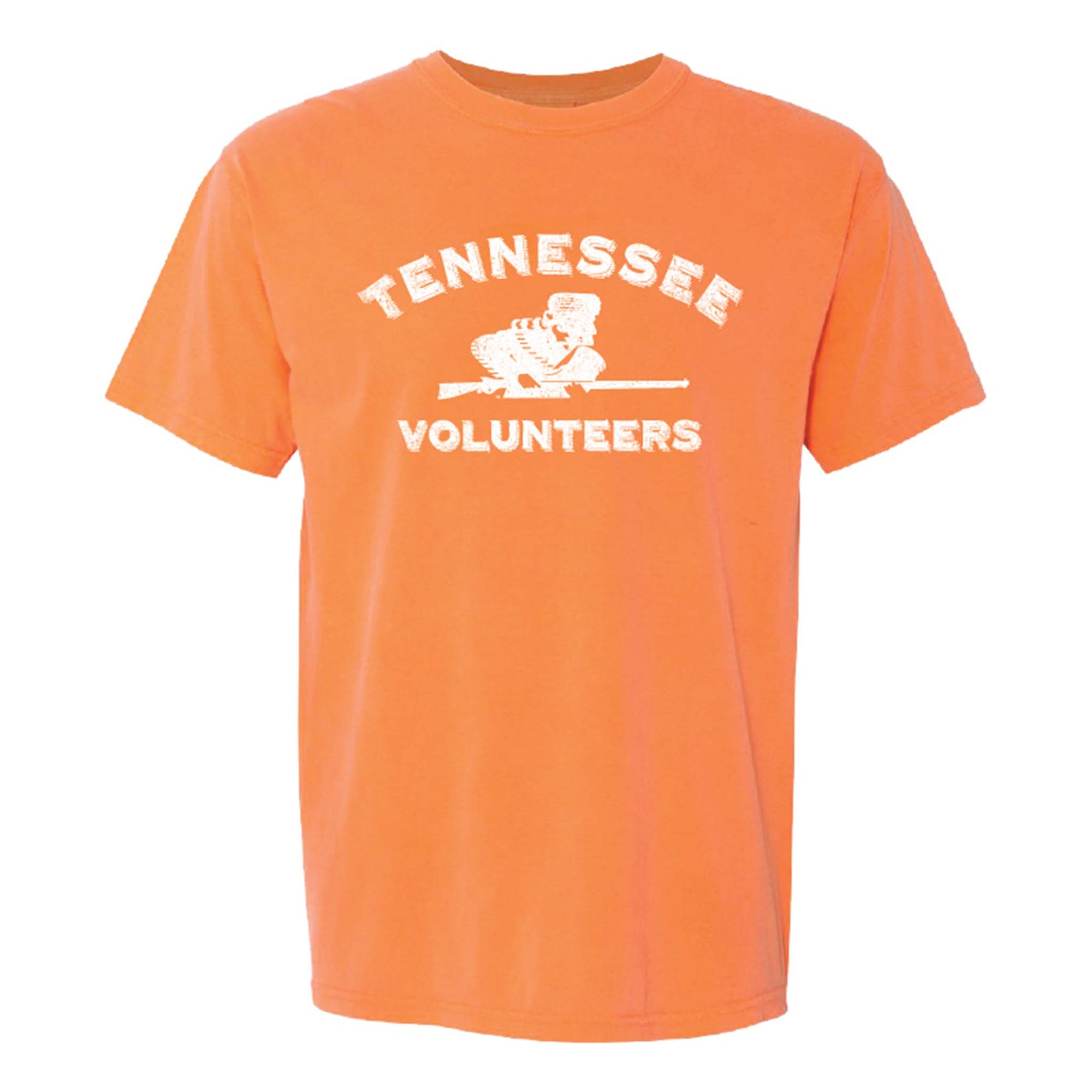Melon orange Tennessee Volunteers t-shirt with vintage-style front graphic and bold “Volunteers” text.