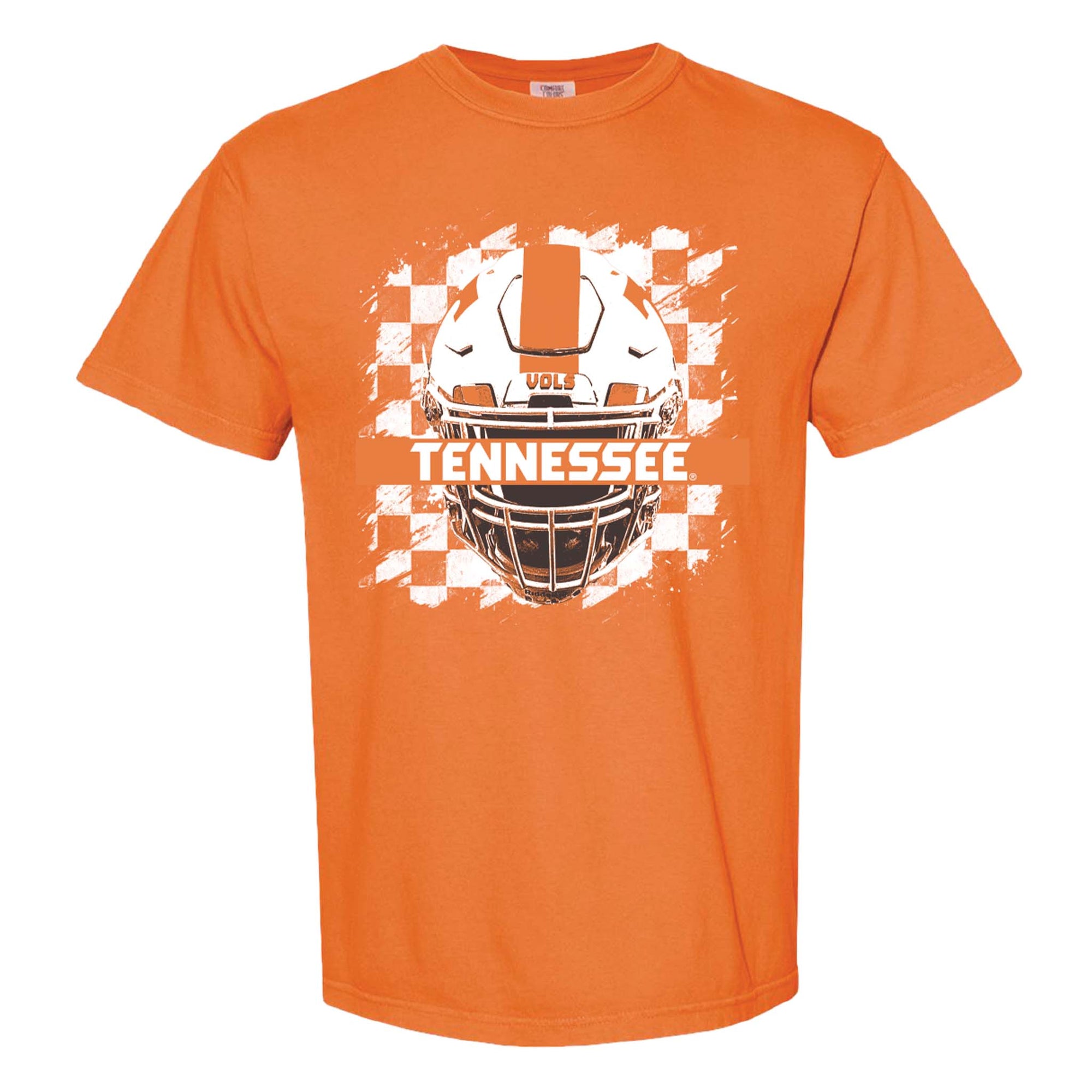 ennessee Volunteers orange t-shirt with bold football helmet graphic, checkerboard background, and "Tennessee" text across the chest.