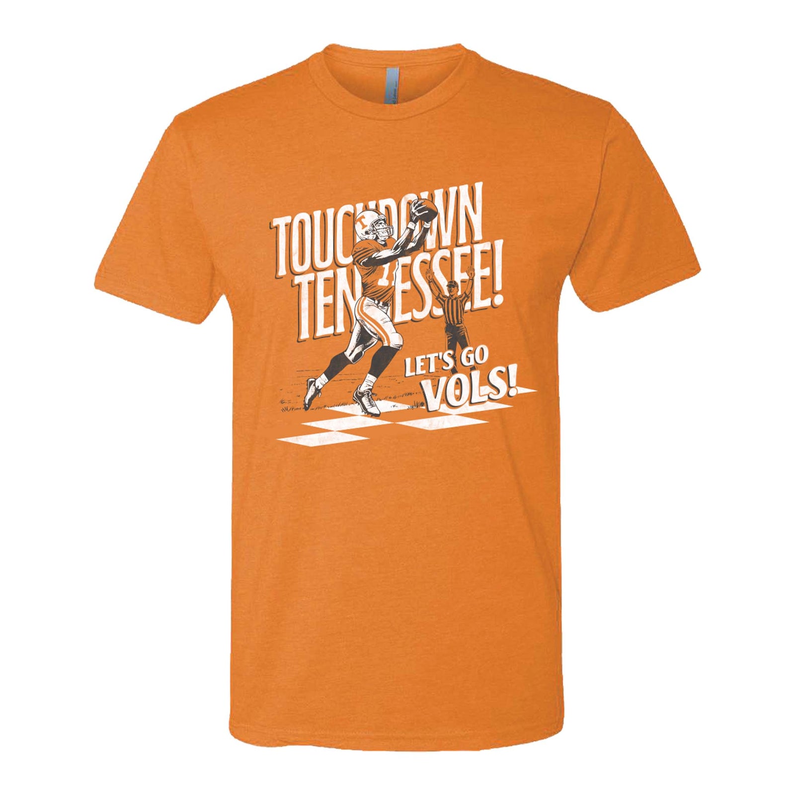 Tennessee Volunteers Orange T-Shirt with football player graphic catching a pass, text reads "Touchdown Tennessee! Let’s Go Vols!"
