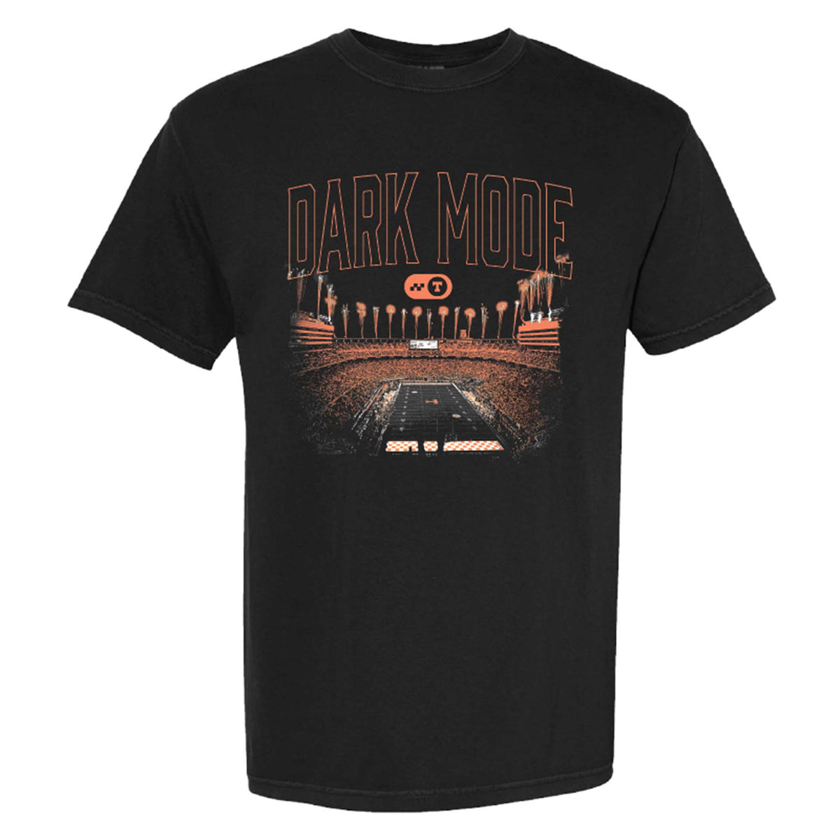 Black Tennessee Volunteers t-shirt with “Dark Mode” graphic featuring Neyland Stadium and bold lettering.