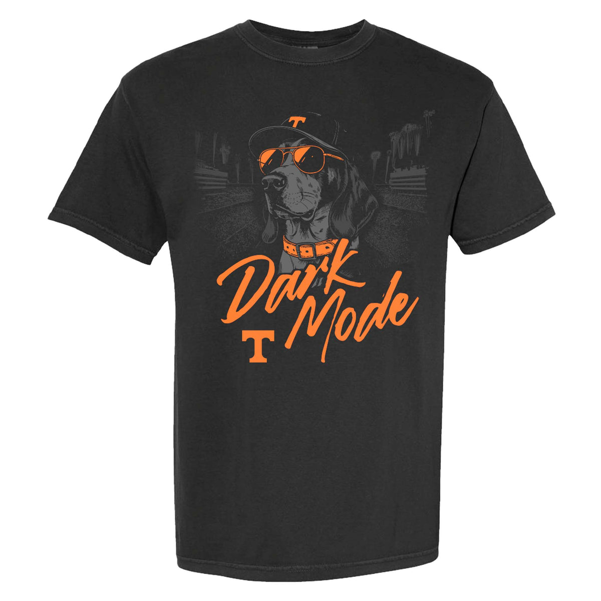 Black Tennessee t-shirt with illustration of Smokey in orange shades and hat, "Dark Mode" script, and orange Power T logo on the front.