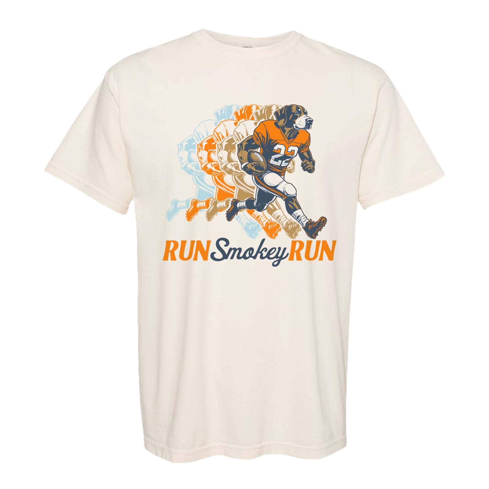 Cream t-shirt with vintage football graphic showing player #22 running with ball in overlapping orange, blue, and tan silhouettes. Text reads "RUN Smokey RUN."