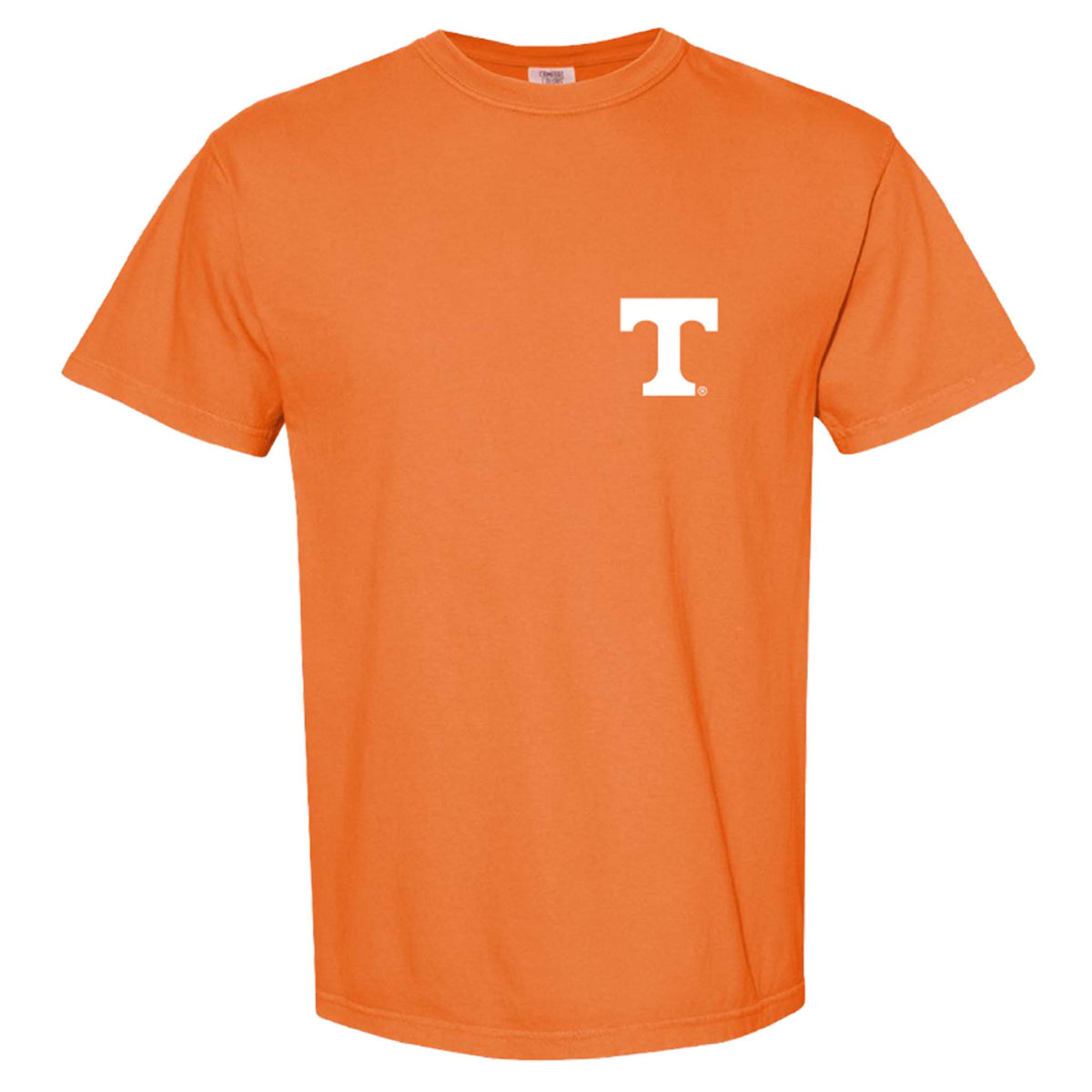 Front view of burnt orange t-shirt with a small white Tennessee “T” logo on the left chest.