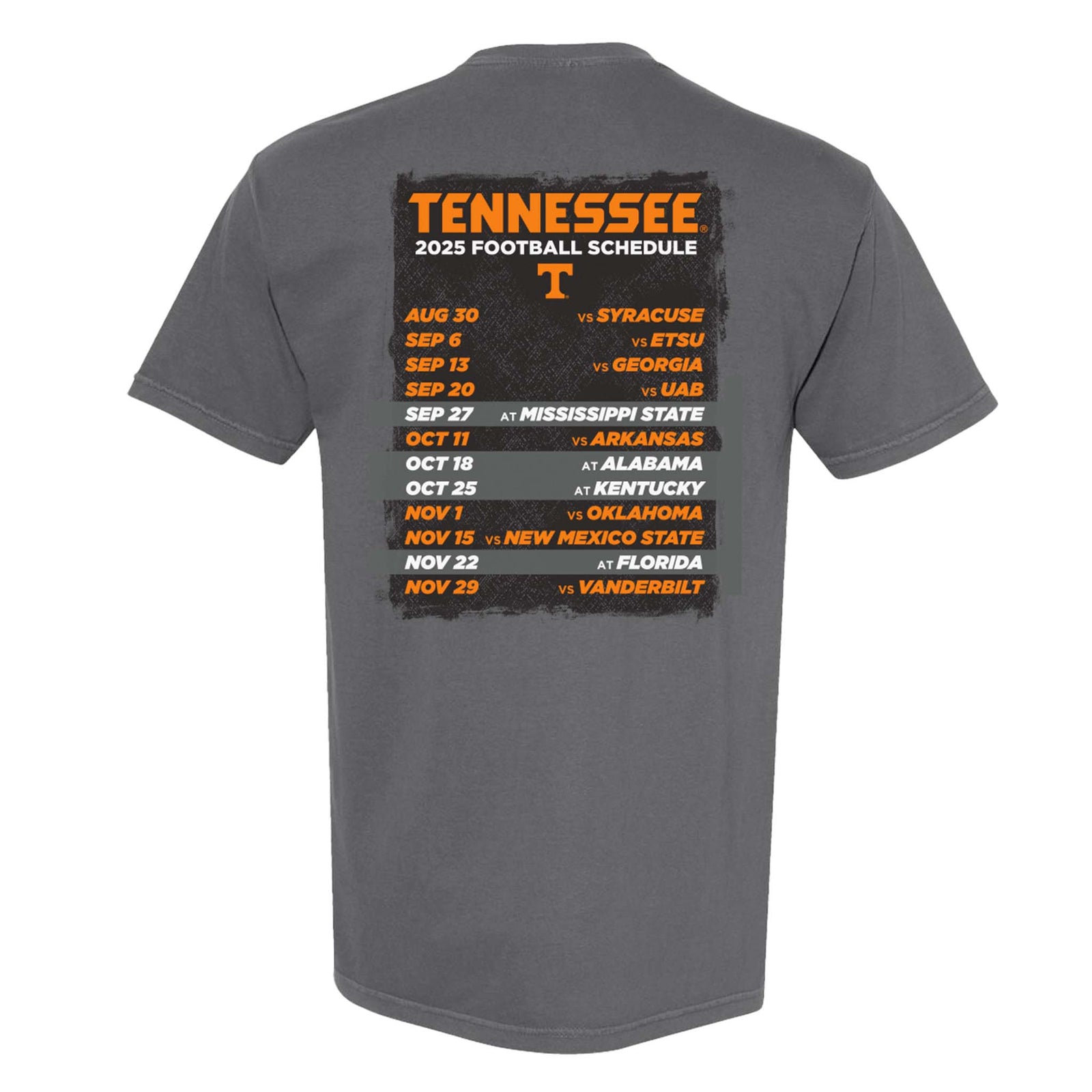 Back of gray Tennessee t-shirt showing 2025 football schedule with orange "T" logo and game dates/opponents listed.