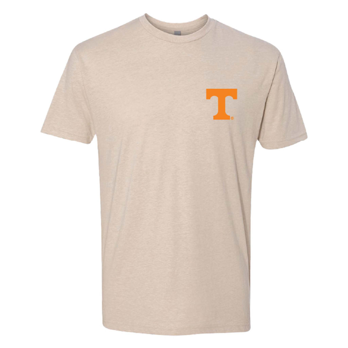 Front view of cream t-shirt with small orange Tennessee “T” logo printed on the left chest.