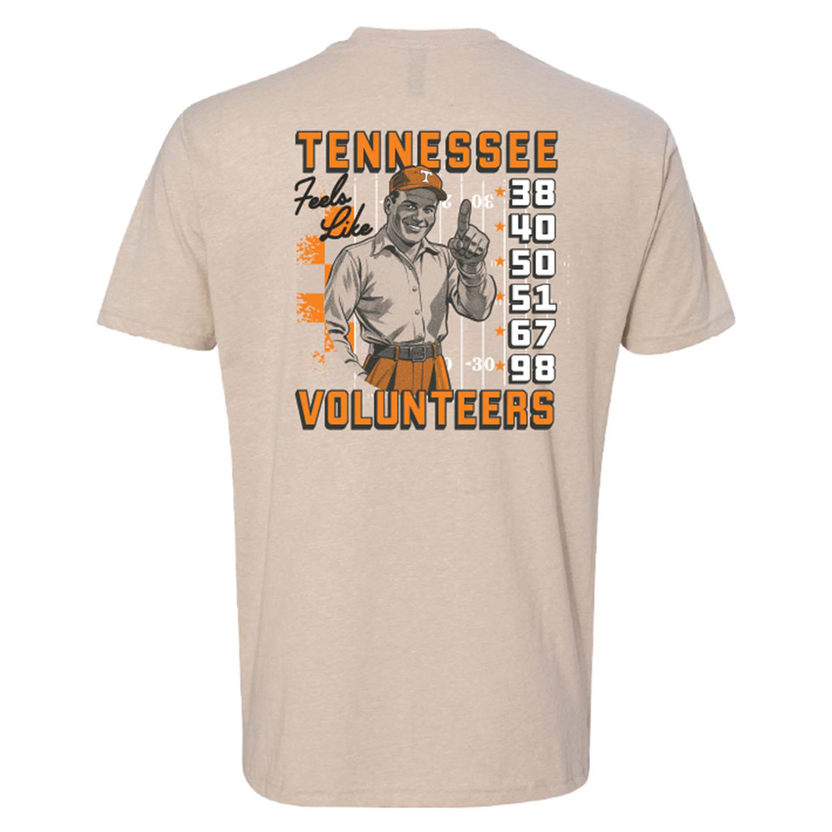 Back view of cream t-shirt with vintage-style graphic of a smiling coach, thermometer scale, and bold “Tennessee Volunteers” text.