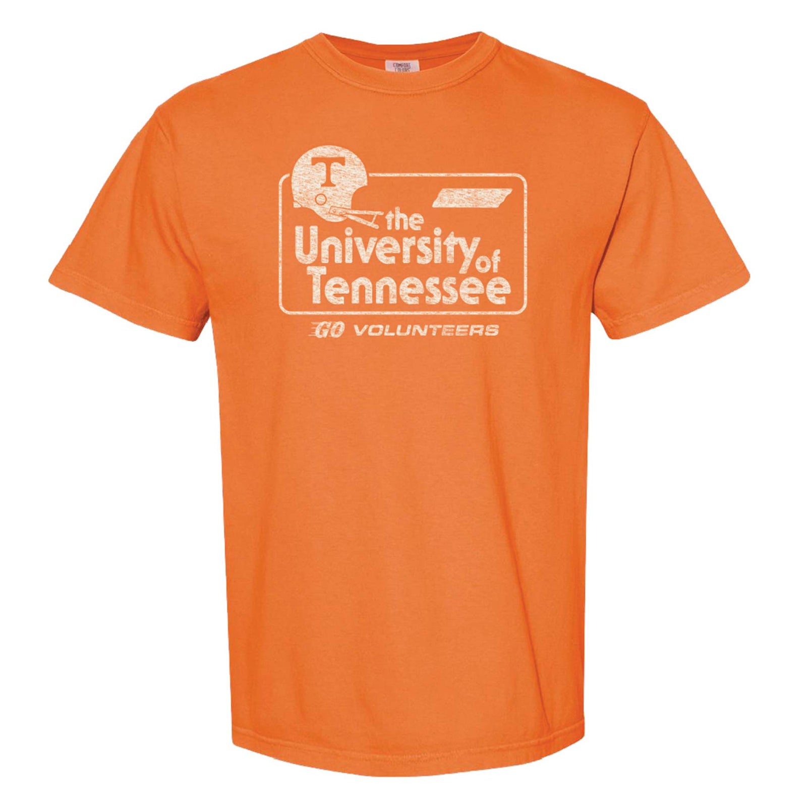 Bright orange short sleeve T-shirt with white retro-style graphic reading "The University of Tennessee – Go Volunteers" on the front.
