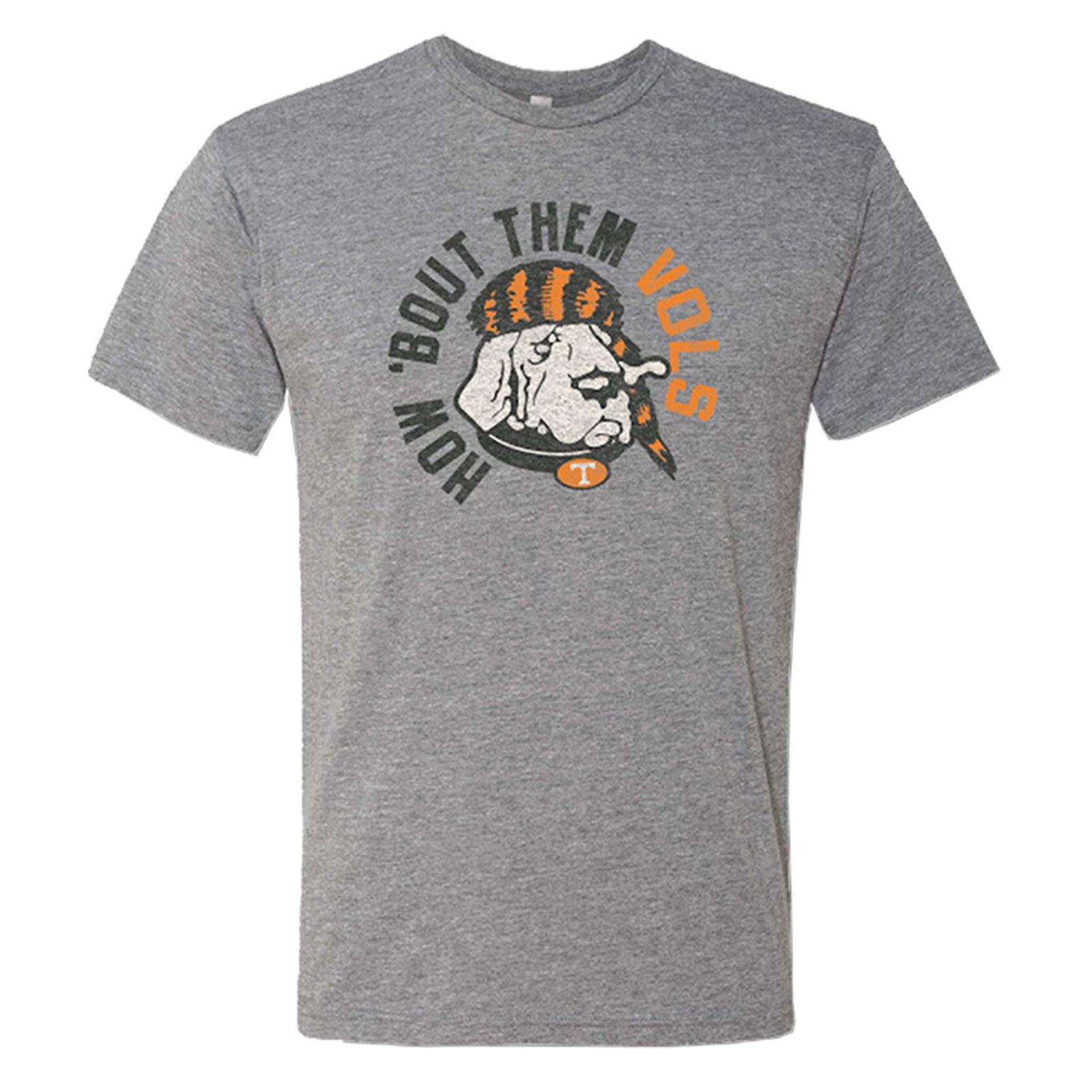 Dark heather gray short sleeve t-shirt with "How ’Bout Them Vols" text and a bulldog wearing an orange-and-black coonskin cap with Tennessee "T" logo underneath.
