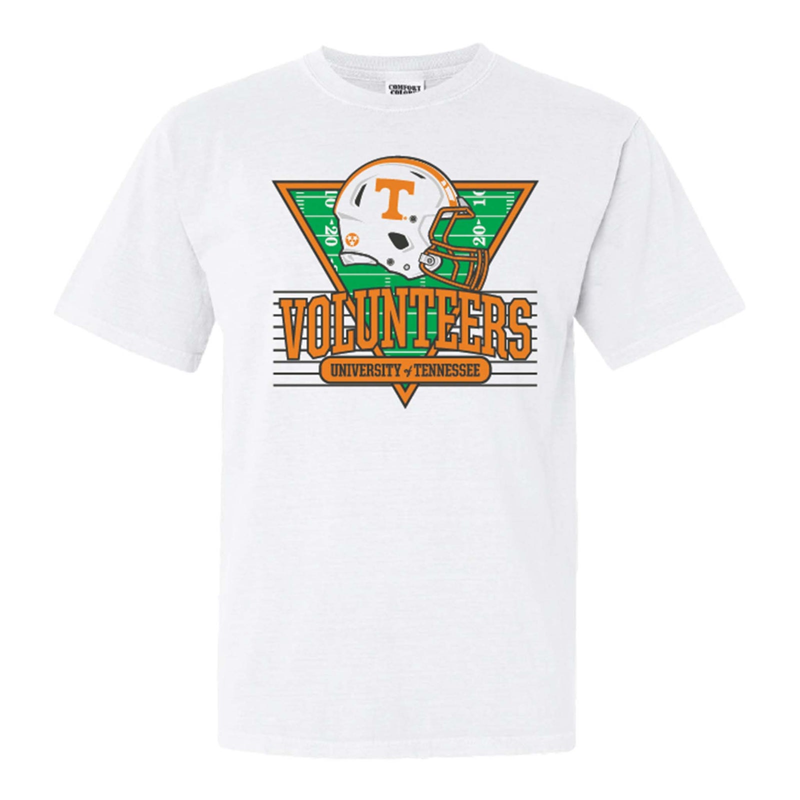 White Tennessee Volunteers t-shirt with retro helmet graphic, green field background, and bold “Volunteers University of Tennessee” text.