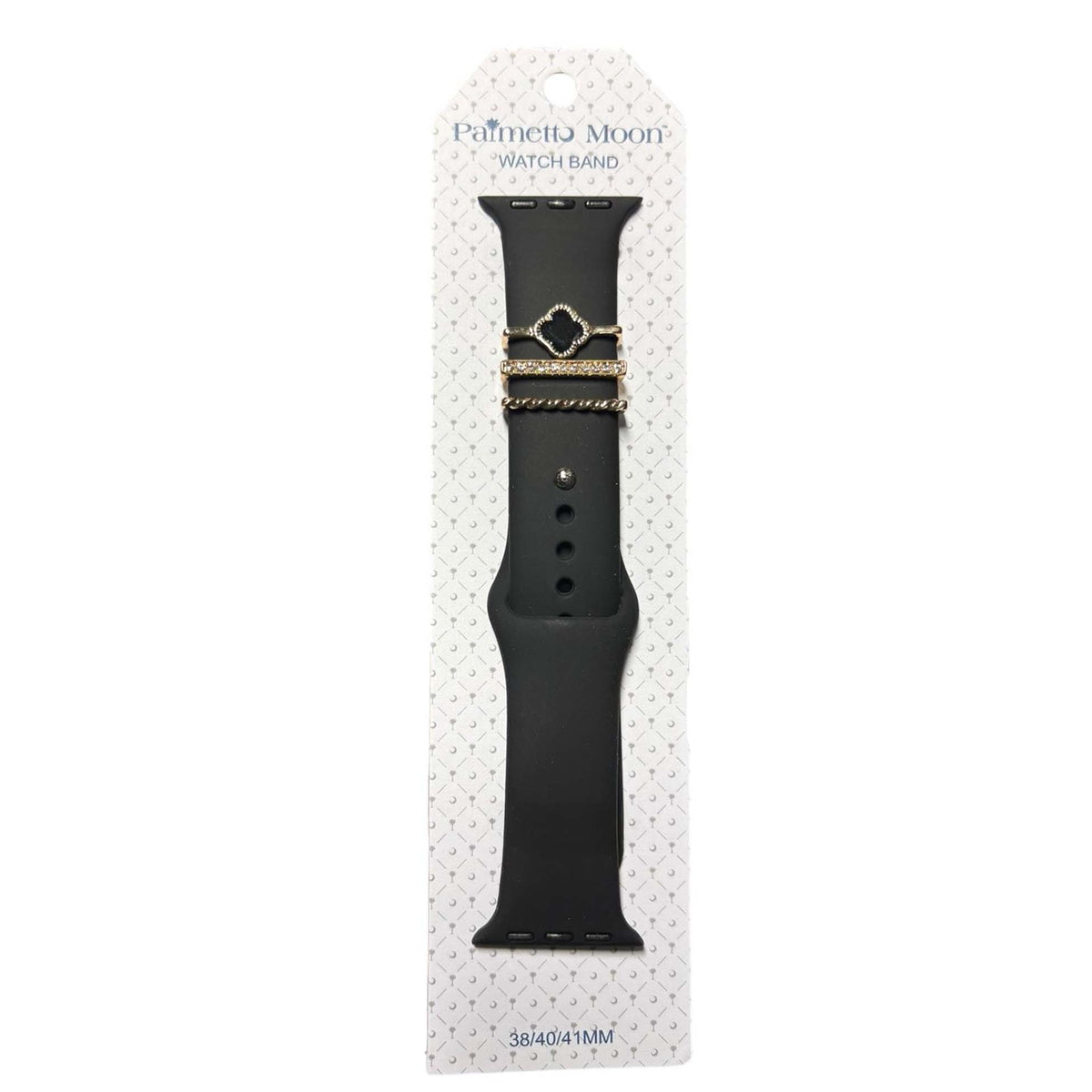 Black Palmetto Moon Apple Watch band with gold accent rings including a black clover, rhinestone bar, and rope twist design.