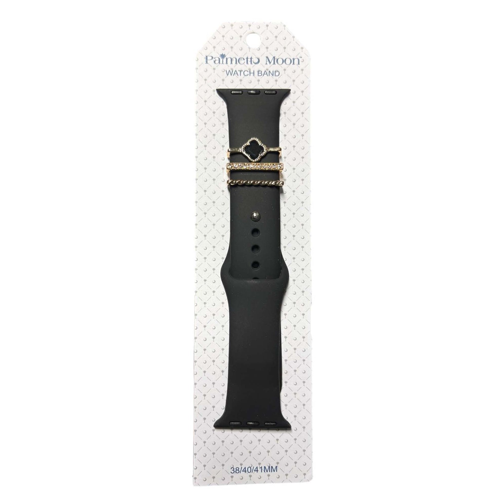 Black Palmetto Moon Apple Watch band with gold accent rings including a black clover, rhinestone bar, and rope twist design.