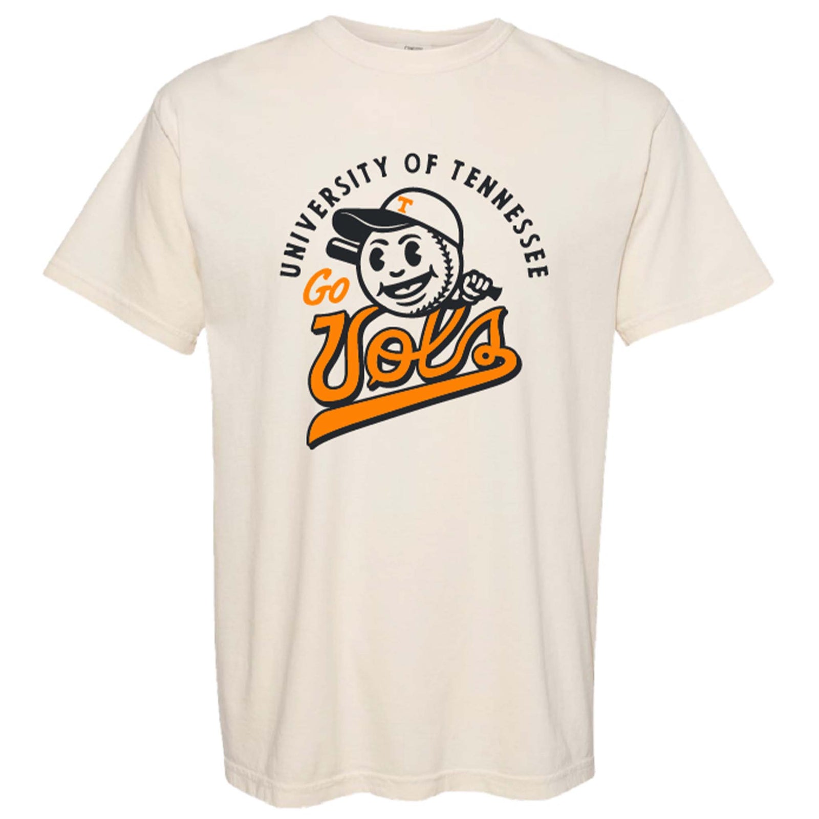 UT Vault Baseball Short Sleeve T-Shirt in Ivory by Threds featuring a retro logo on front