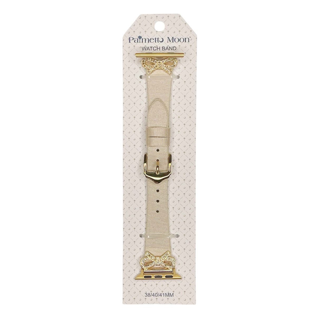 Palmetto Moon Diamond Bow Watch Band in beige.