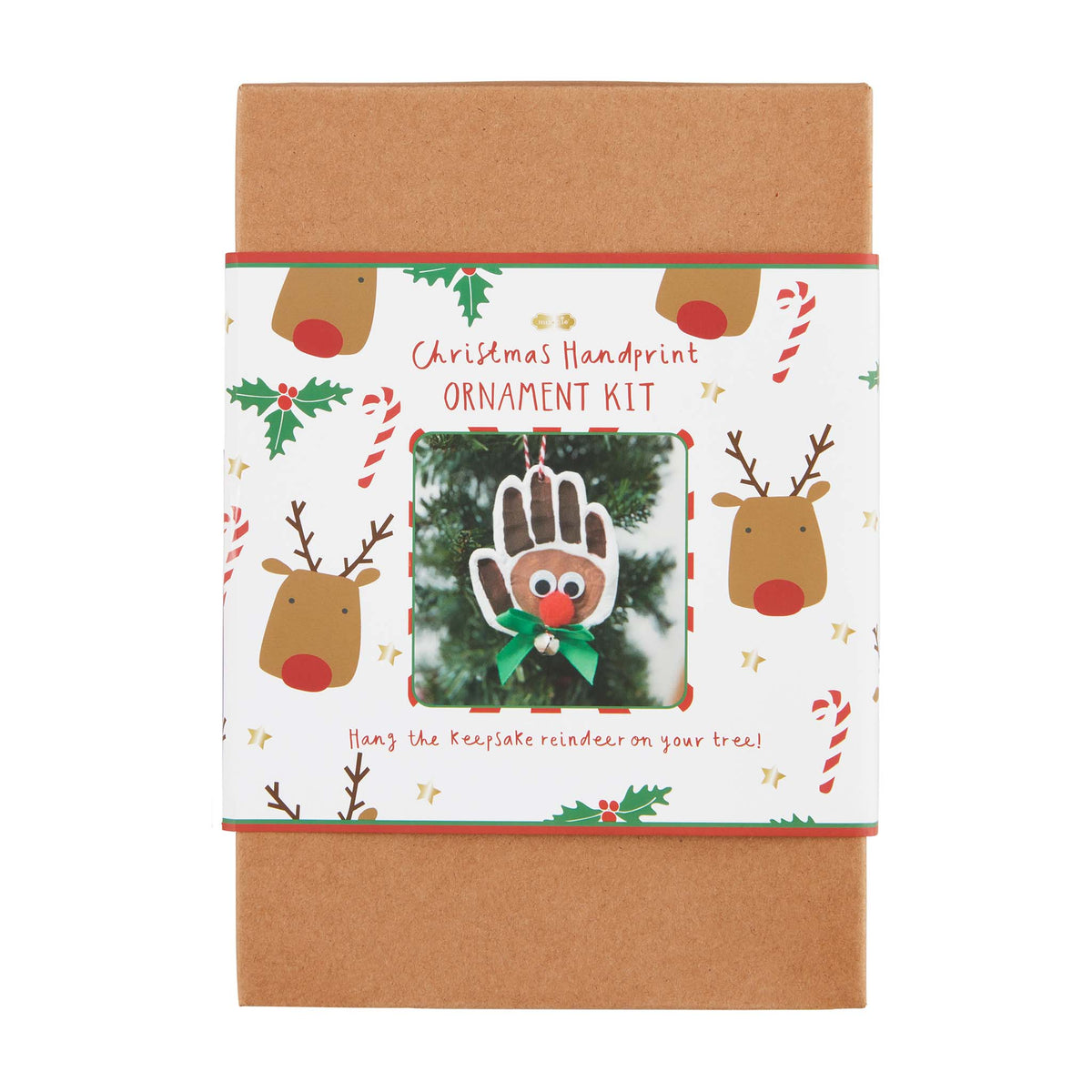 Christmas Handprint Ornament Kit box packaging featuring a sample reindeer ornament design on the label.