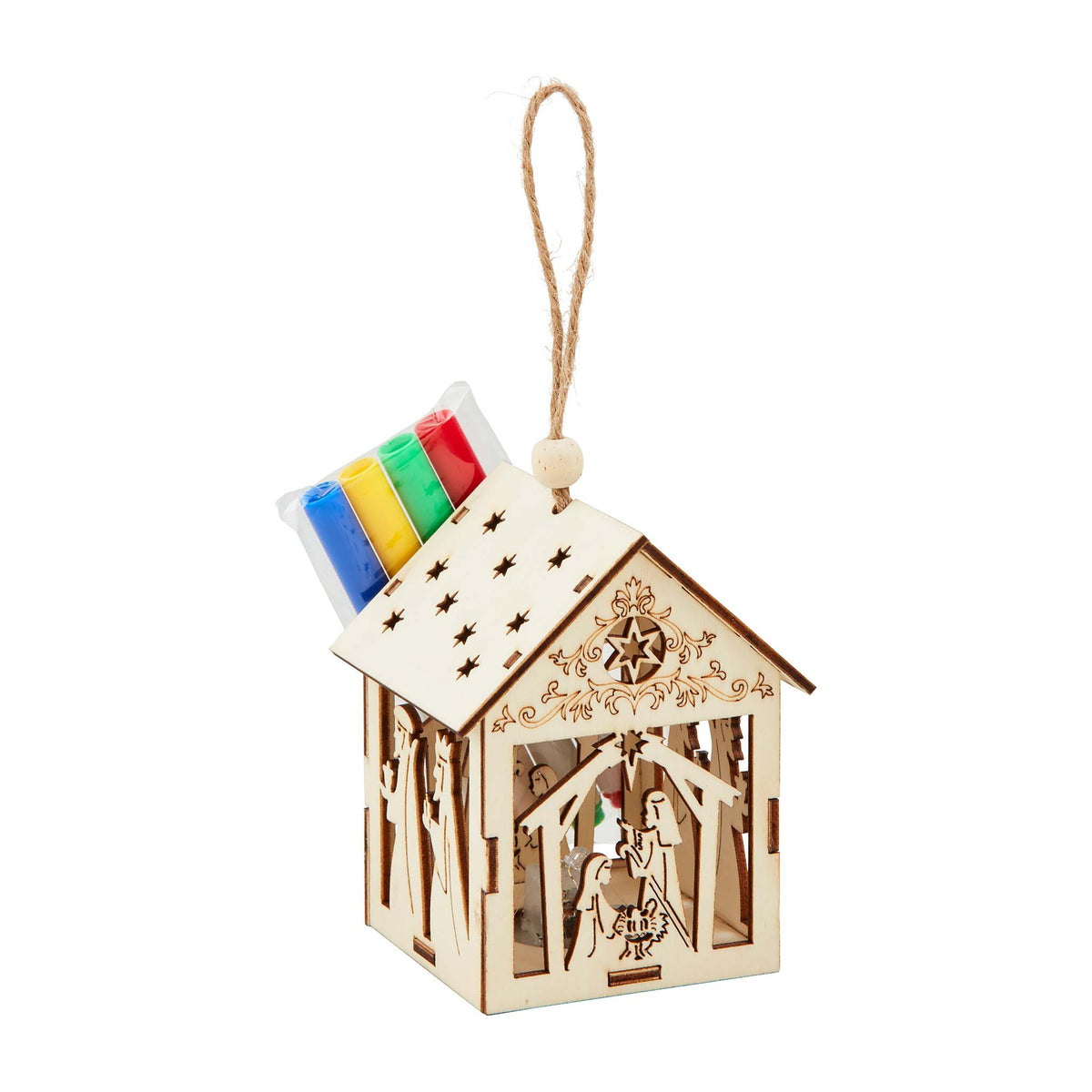 Wooden light up nativity ornament kit with cutout nativity scene, jute hanging loop, and set of four markers for coloring.