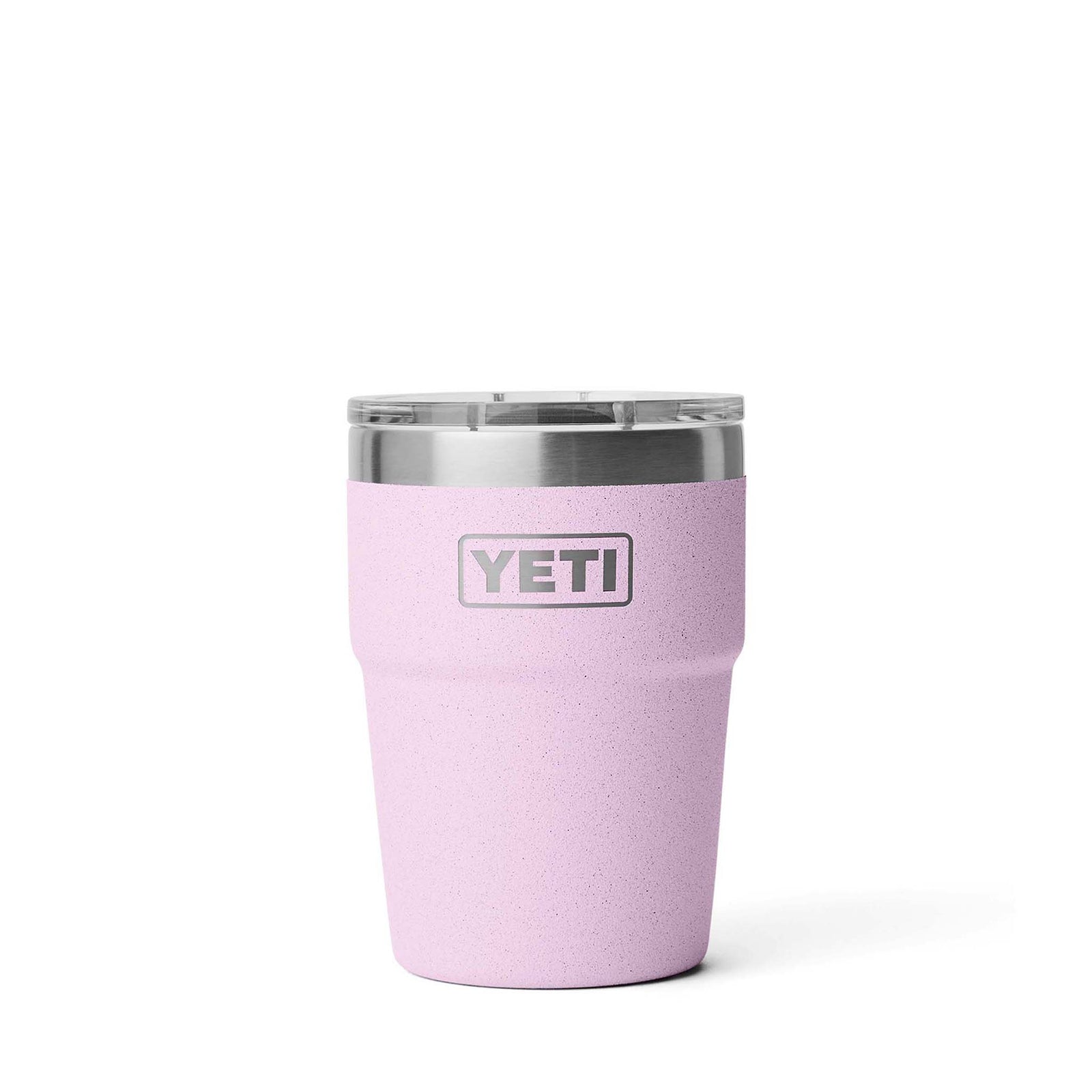 YETI Rambler 16 oz Tumbler in Cherry Blossom with embossed YETI logo, stainless steel base, and MagSlider lid, front view. 