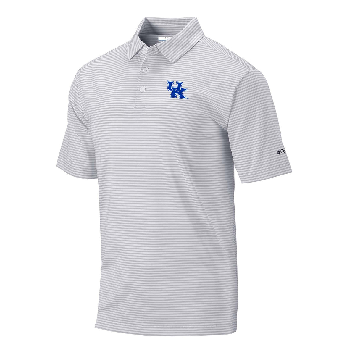 Columbia Men’s short sleeve polo with light grey and white horizontal stripes and a University of Kentucky logo embroidered on the left chest.