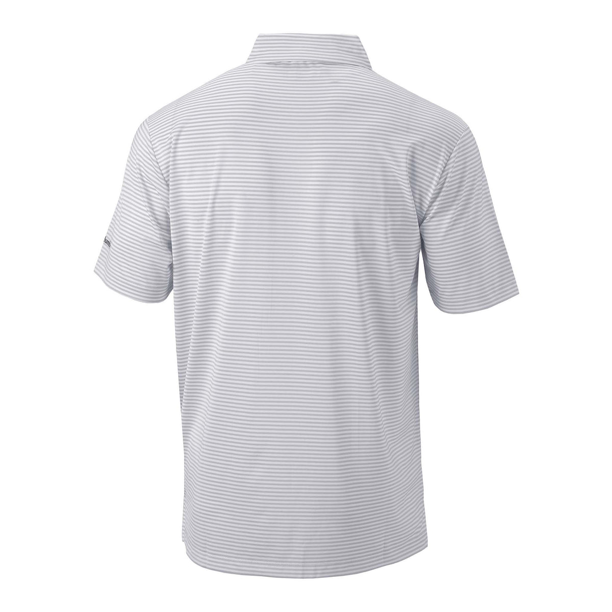 Back of Columbia Men’s short sleeve polo with light grey and white horizontal stripes 