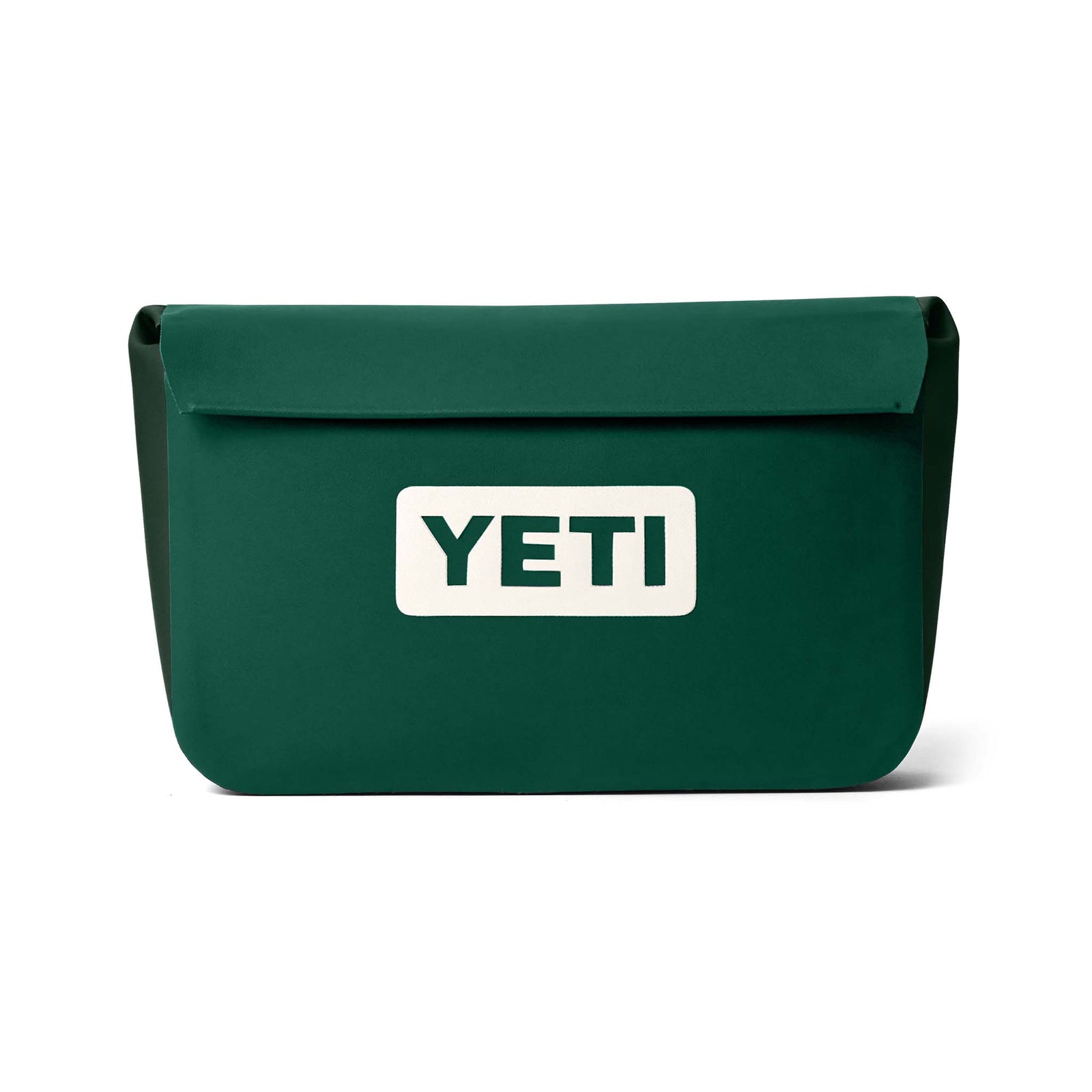 Front view of YETI Sidekick Dry 3L in Black Forest Green with closed flap and centered white YETI logo.