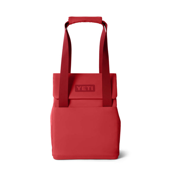 Front view of the YETI Daytrip 14L Tote Bag in Rescue Red with the shoulder strap extended upward.