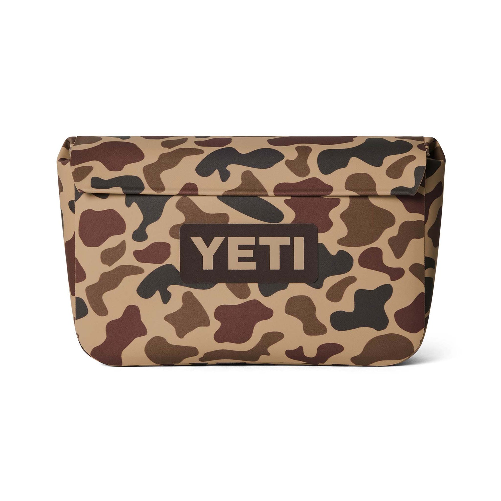 Straight front view of YETI Sidekick Dry 3L in Wetlands Camo pattern with large YETI logo centered on flap.