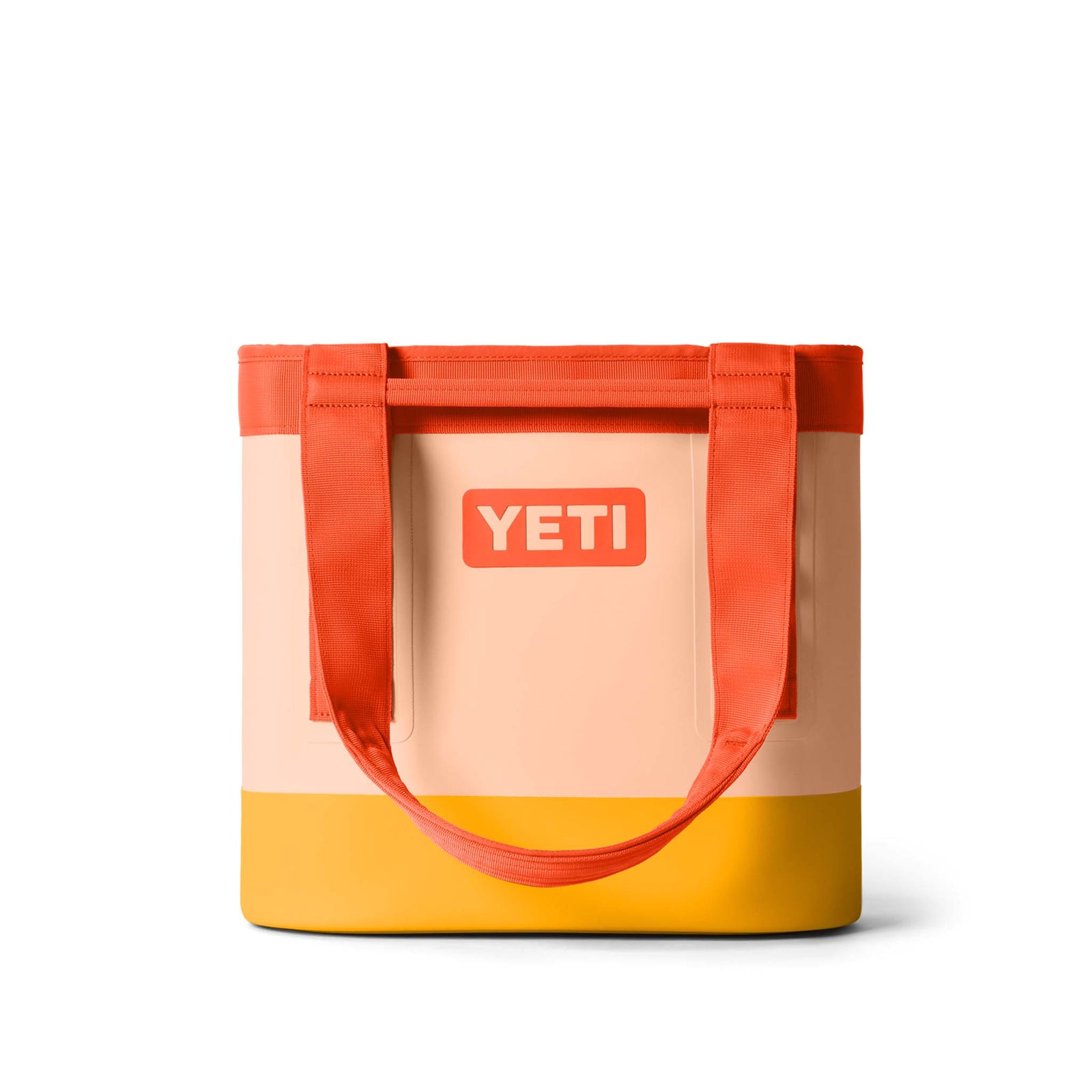 YETI Camino Carryall 20 tote bag in a two-tone Peach/Beekeeper colorway, featuring a structured, waterproof body with durable handles and a wide opening. The peach exterior is accented by beekeeper yellow handles and interior lining, designed for rugged use and easy cleaning.