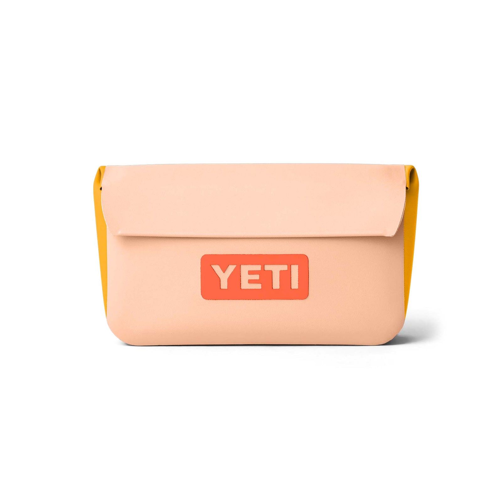 YETI SideKick Dry 1L waterproof gear case in a vibrant Peach/Beekeeper color, featuring a sleek rectangular shape, magnetic HydroShield closure, and durable DryHide shell. The peach-colored body is contrasted by beekeeper yellow trim and attachment points, designed to keep essentials protected and dry in any environment.