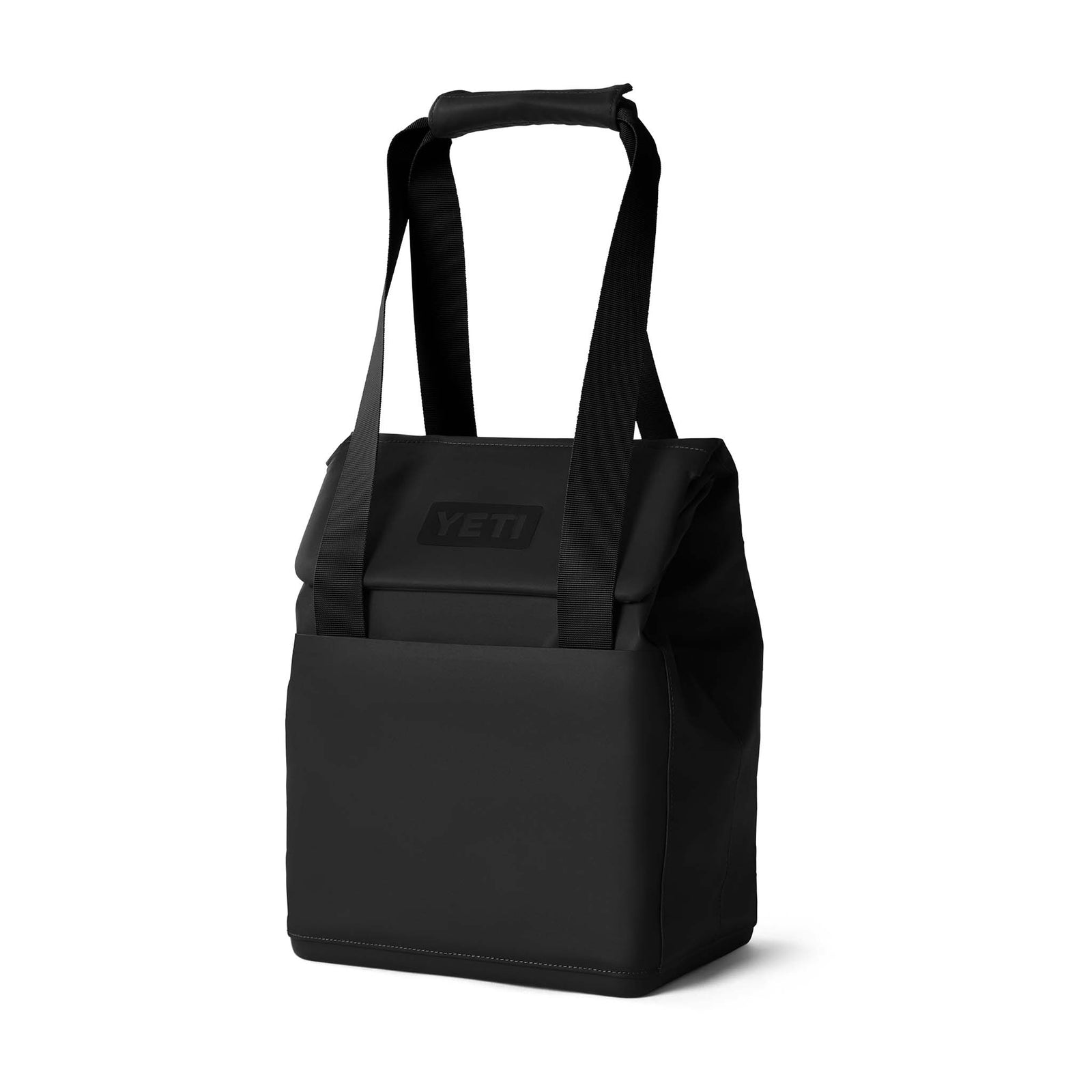 YETI Daytrip 14L Tote Bag in Black - Front Left Angle. Black insulated tote with top handle and front pocket featuring embossed YETI logo.