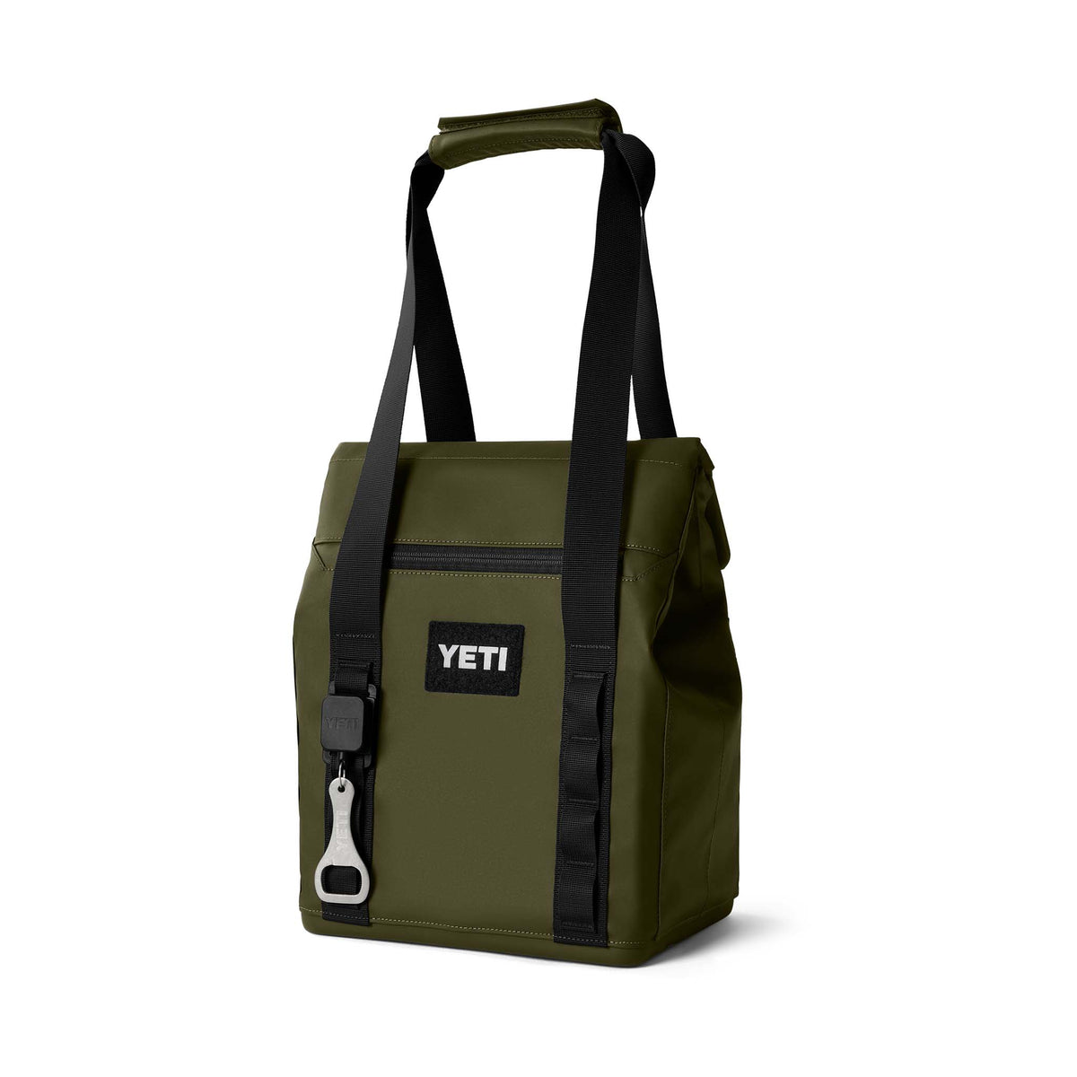 Angled front view of the YETI Daytrip 14L Tote Bag in Olive with black YETI patch, zipper pocket, and attached bottle opener.