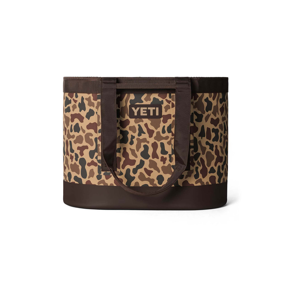  Front view of the YETI Camino 50 Carryall in Wetlands Camo with short handles and brown molded base.