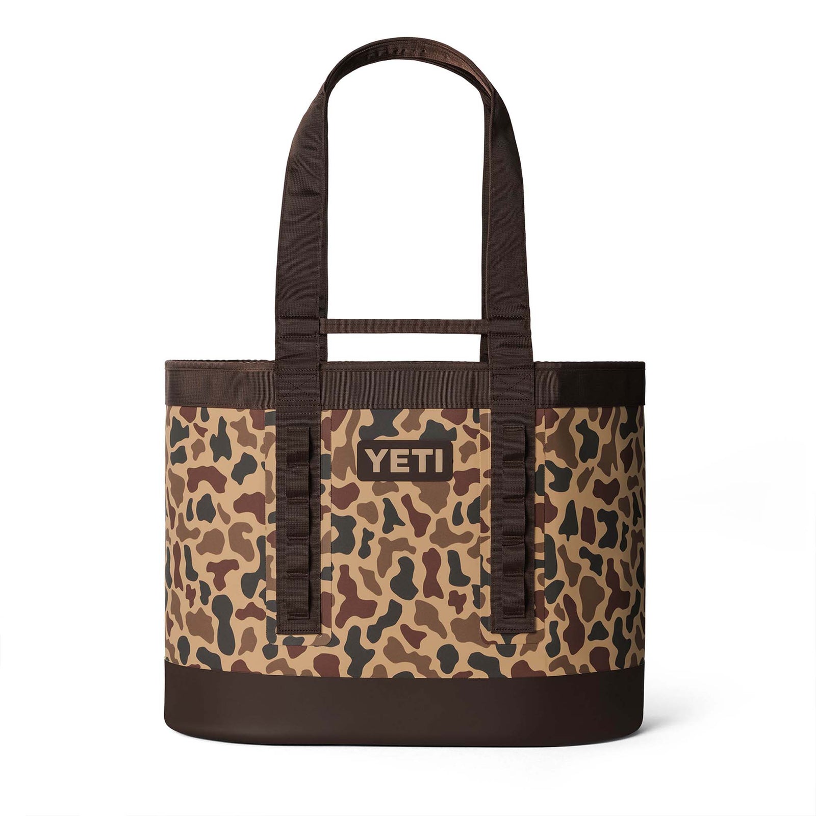 Rear view of the YETI Camino 50 Carryall with long shoulder handles and durable camo exterior.