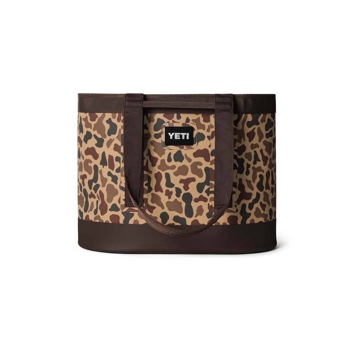  Front view of the YETI Camino 50 Carryall in Wetlands Camo with short handles and brown molded base.