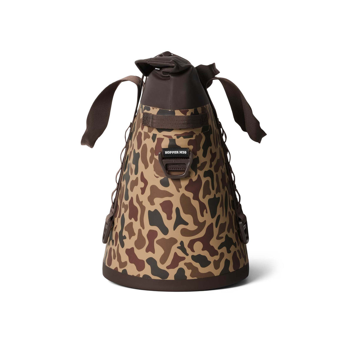 Side view of Hopper M30 cooler in Wetlands Camo showing side handles and attachment points.