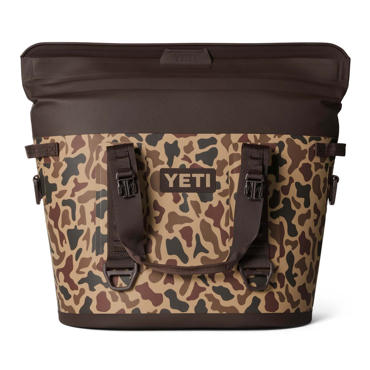 YETI Hopper M30 Soft Cooler 2.0 in Wetlands Camo shown standing upright with magnetic top open.

