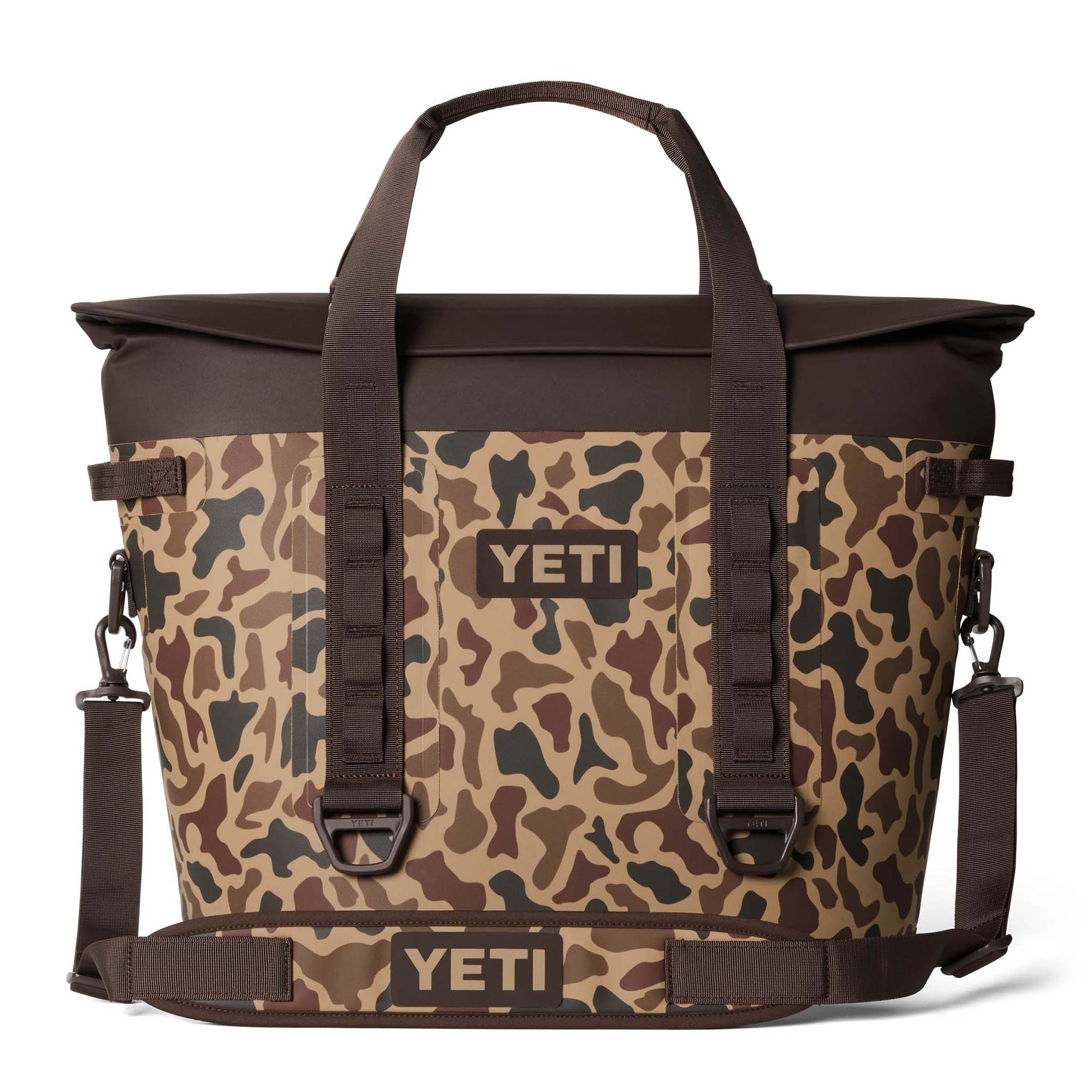 Front view of Hopper M30 with YETI logos on cooler body and padded shoulder strap.