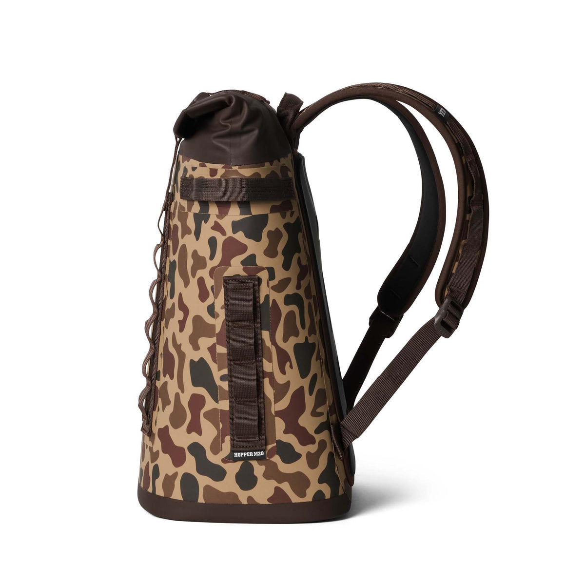 Side view of the YETI Camino 50L Carryall showing padded strap and daisy chain loops.