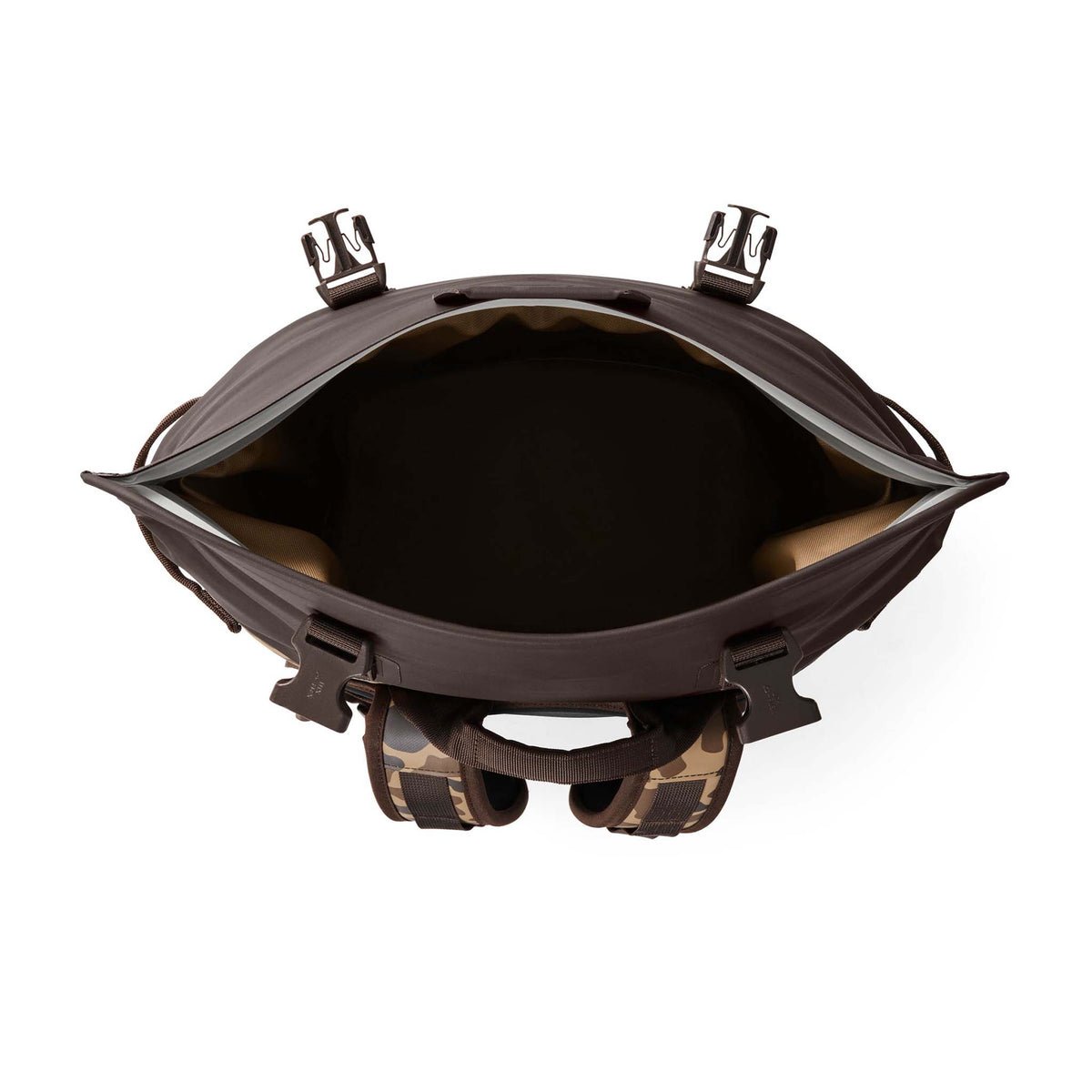 Overhead view into the open interior of the Camino 50L in Wetlands Camo.