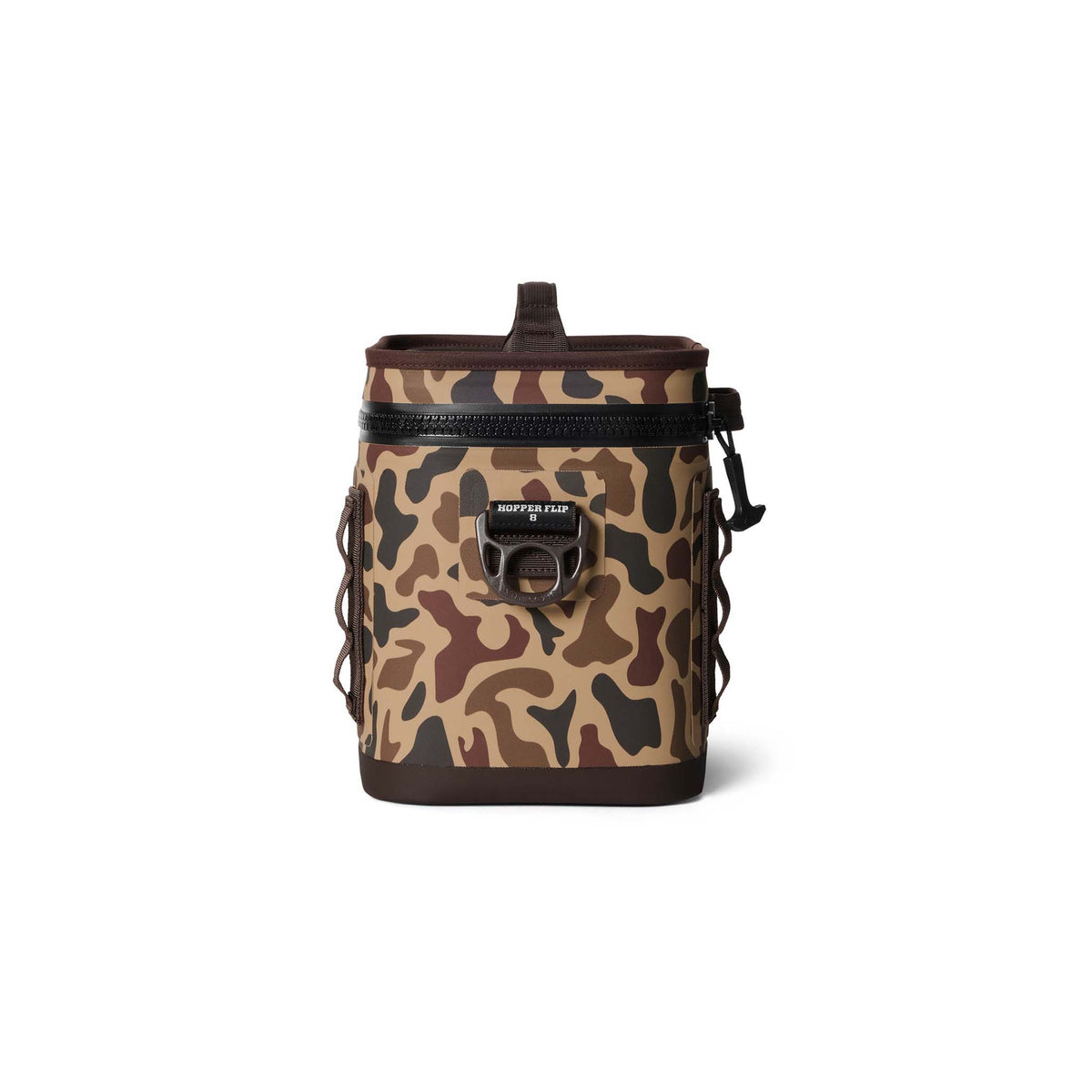 Side view of Hopper Flip 8 in Wetlands Camo with MOLLE attachment, closed zipper, and logo patch.