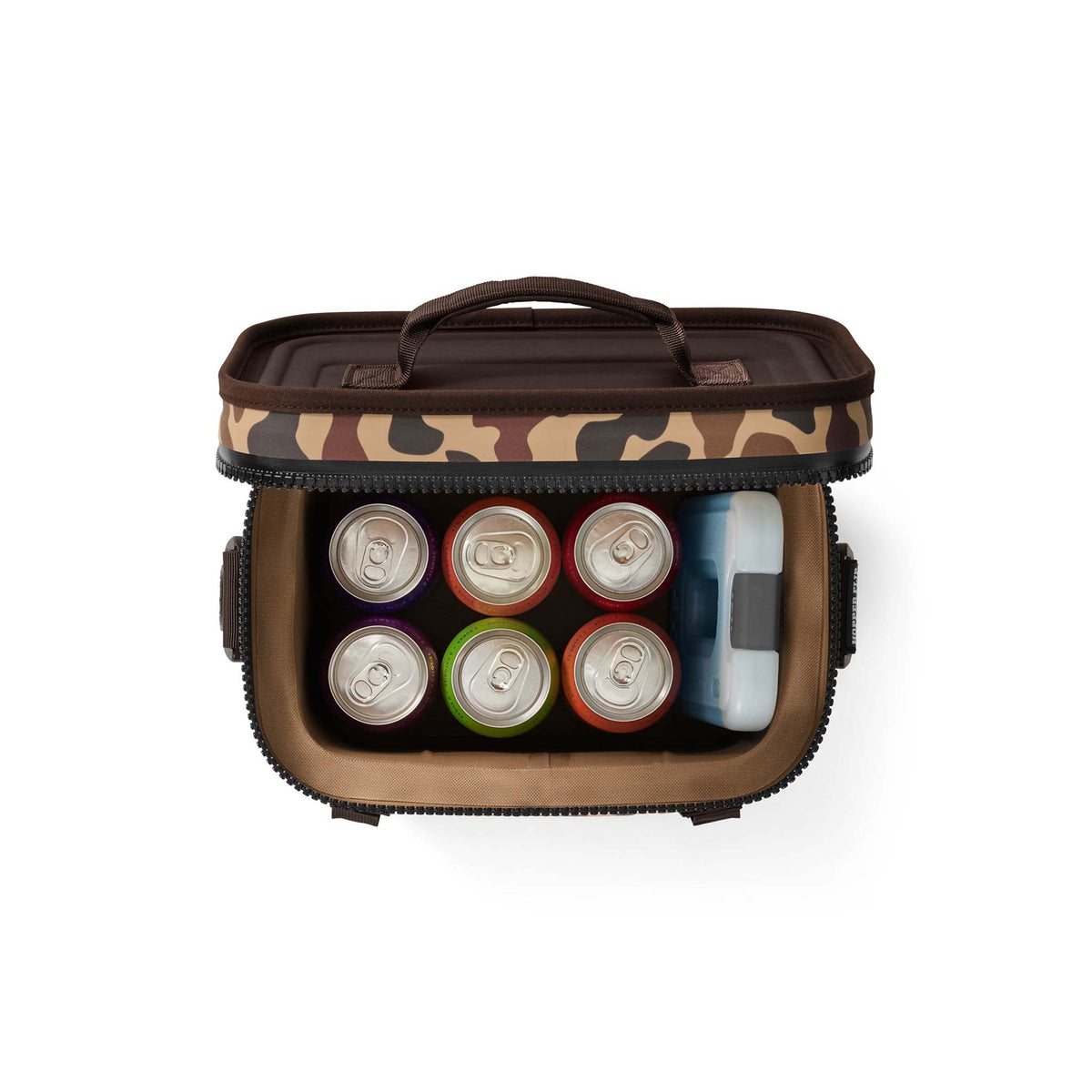 Top view of Hopper Flip 8 filled with six 12oz cans and an ice pack inside insulated compartment.
