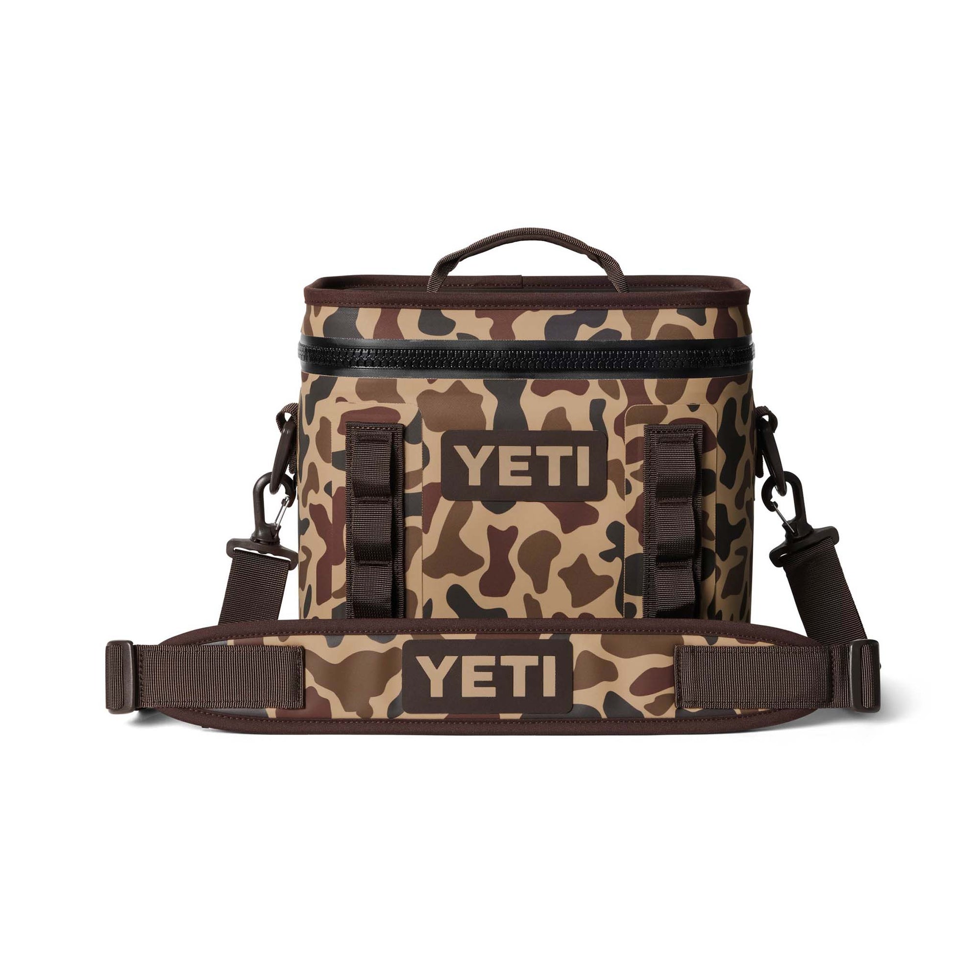 YETI Hopper Flip 8 with detachable padded shoulder strap attached to both sides, front view.