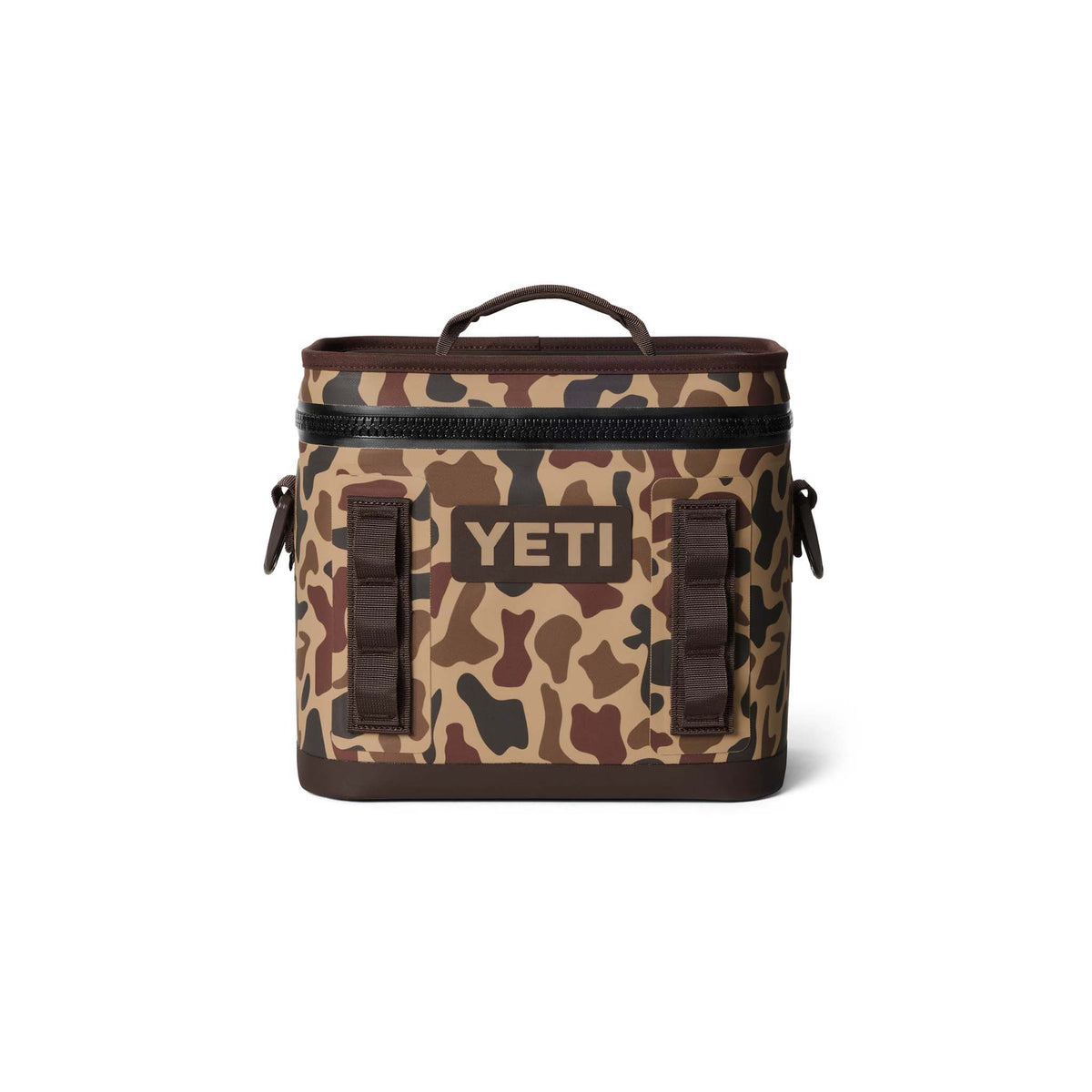 Straight-on front view of YETI Hopper Flip 8 soft cooler in Wetlands Camo with top zipper closed.