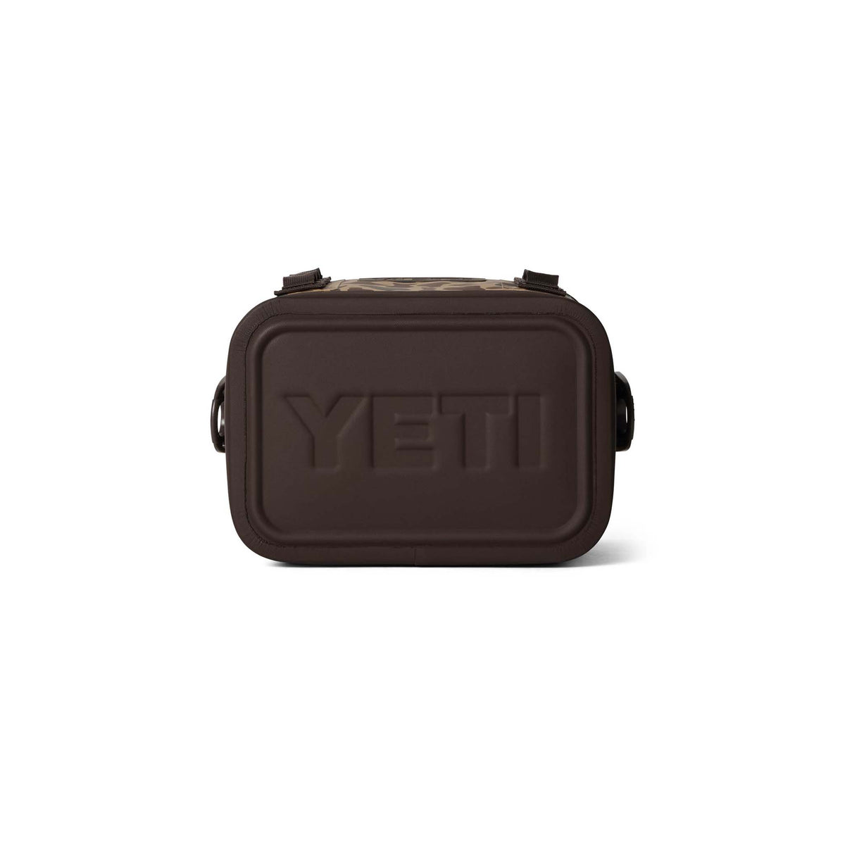 Bottom view of Hopper Flip 8 in dark brown with embossed YETI logo and rounded corners.